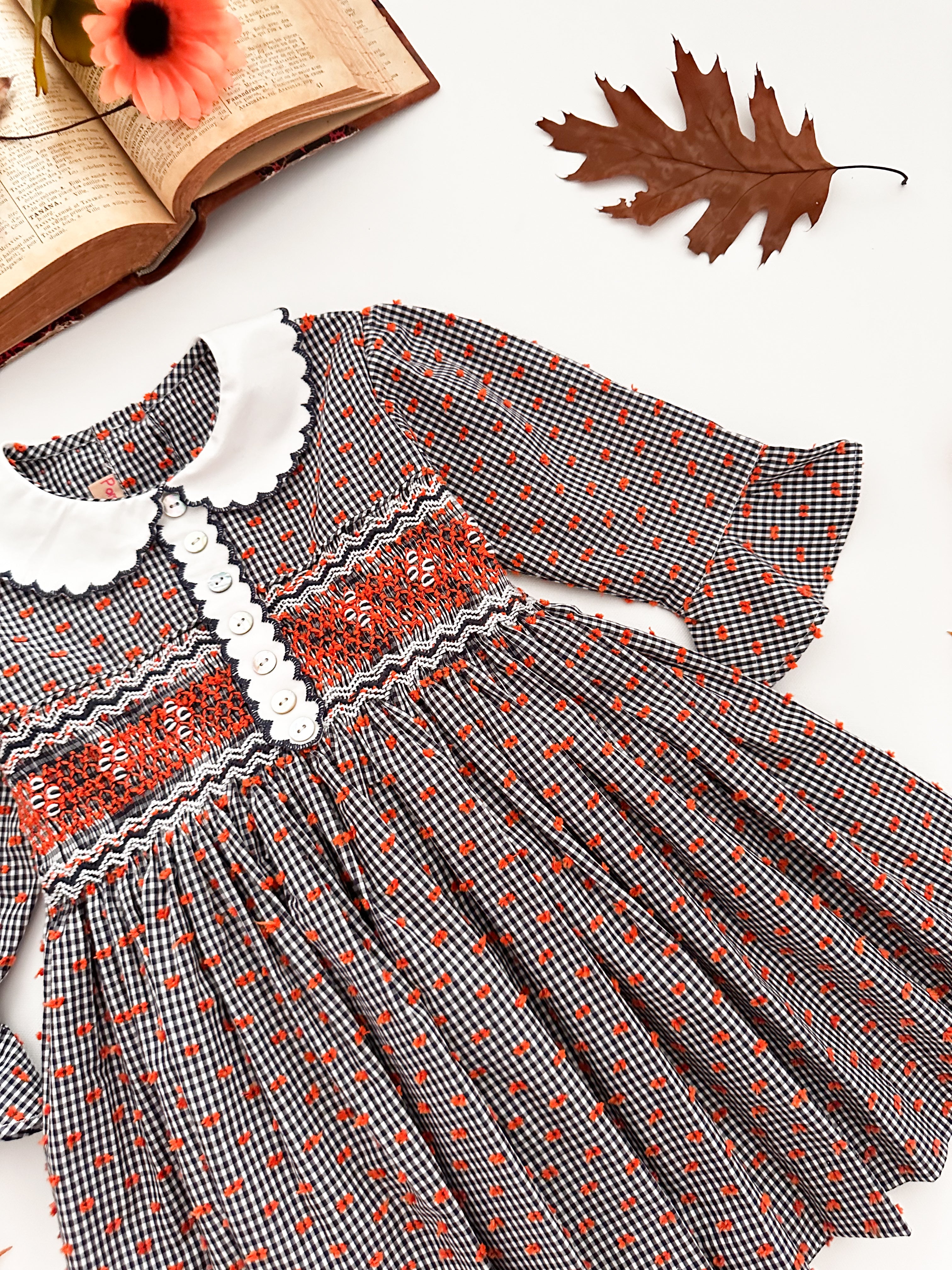 The hand smocked FLORENCE dress - Navy Check, Orange plumetis