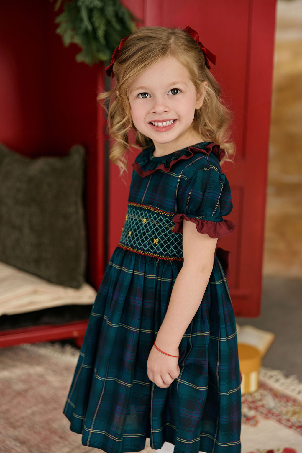 The hand smocked CAMILLE dress - Green (Holidays Edition)