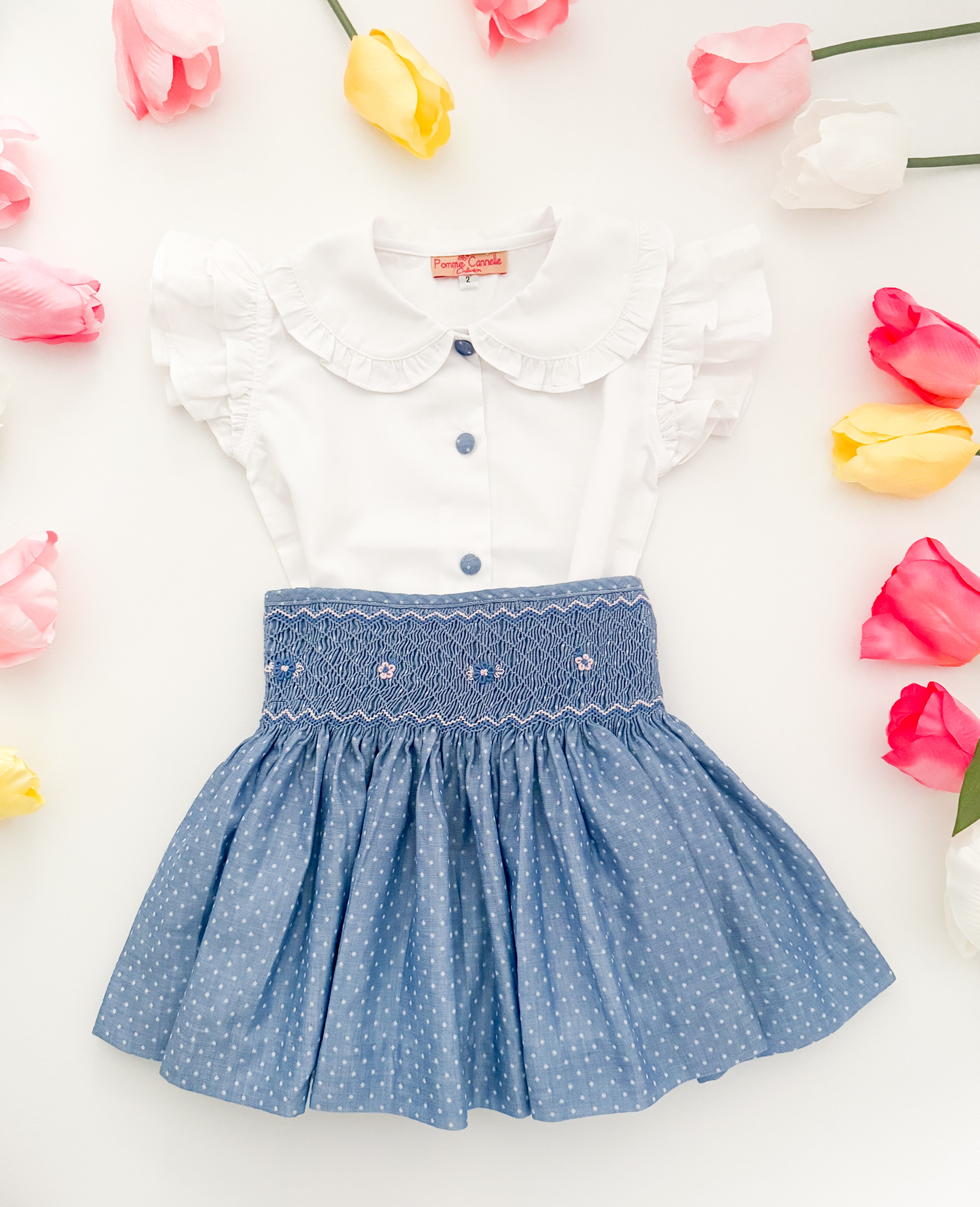 The hand smocked CALISTA set - Blue polka dots