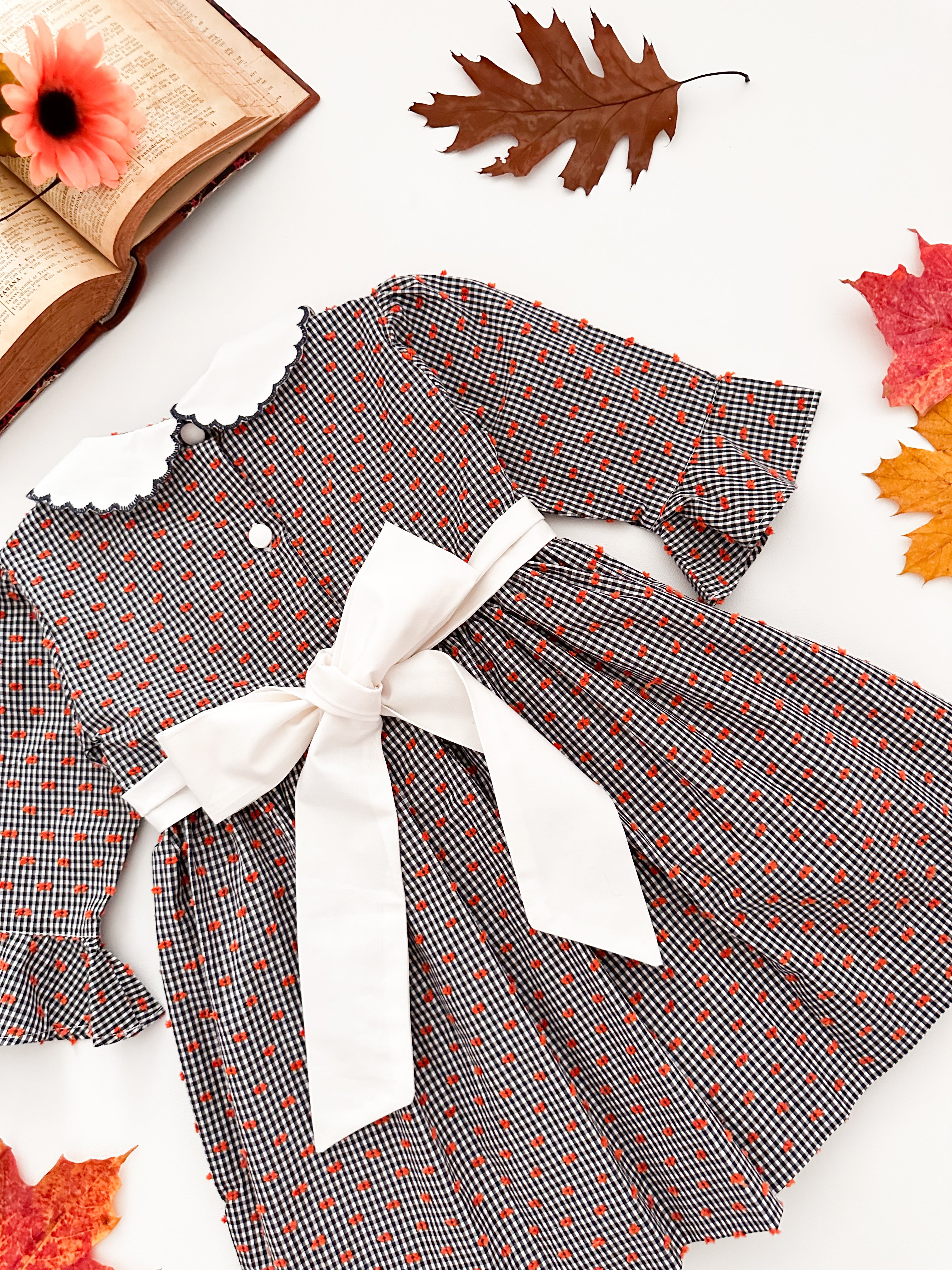 The hand smocked FLORENCE dress - Navy Check, Orange plumetis