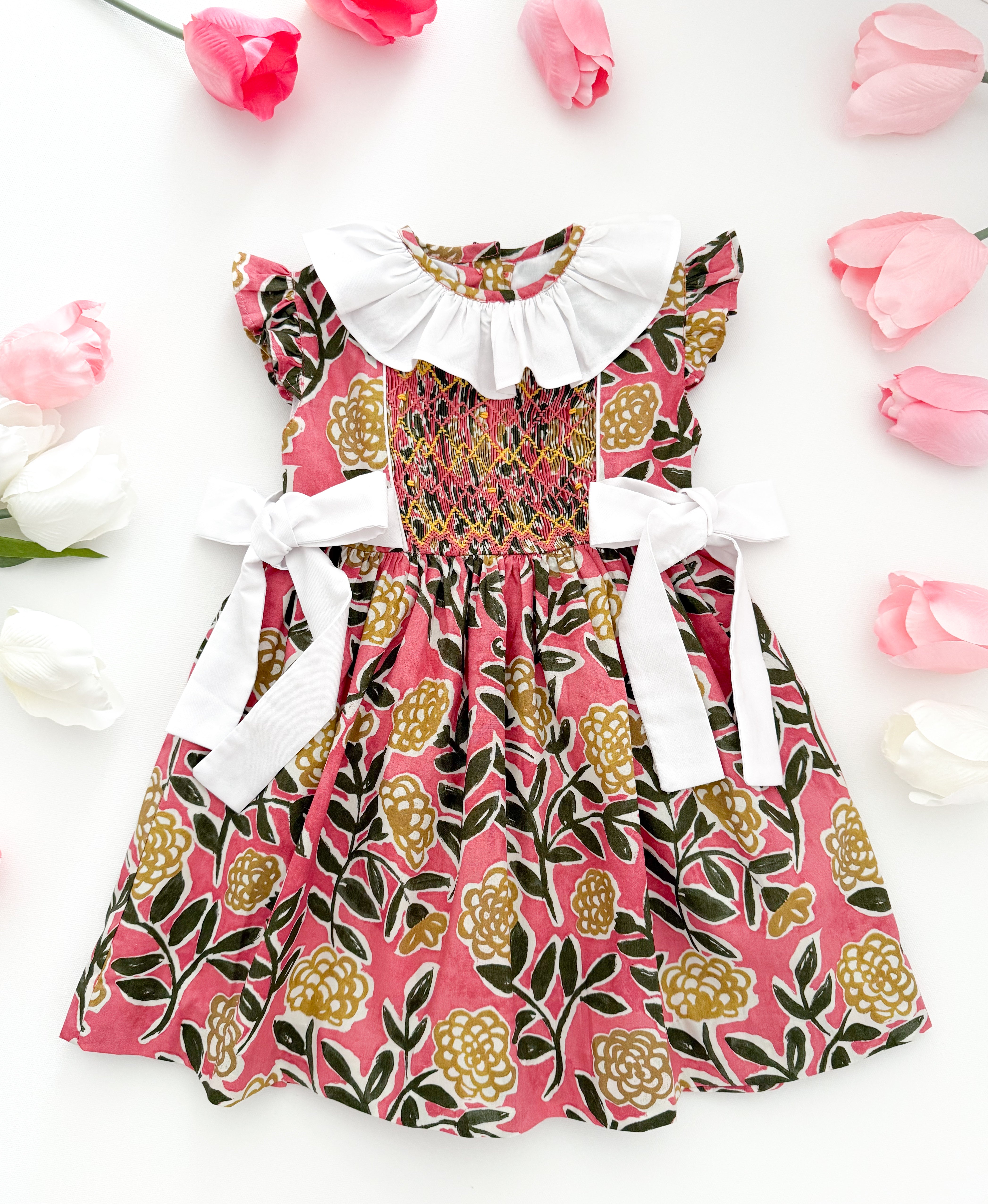 The hand smocked SERAPHINA dress - Floral pink yellow