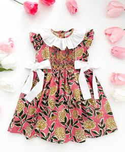 The hand smocked SERAPHINA dress - Floral pink yellow