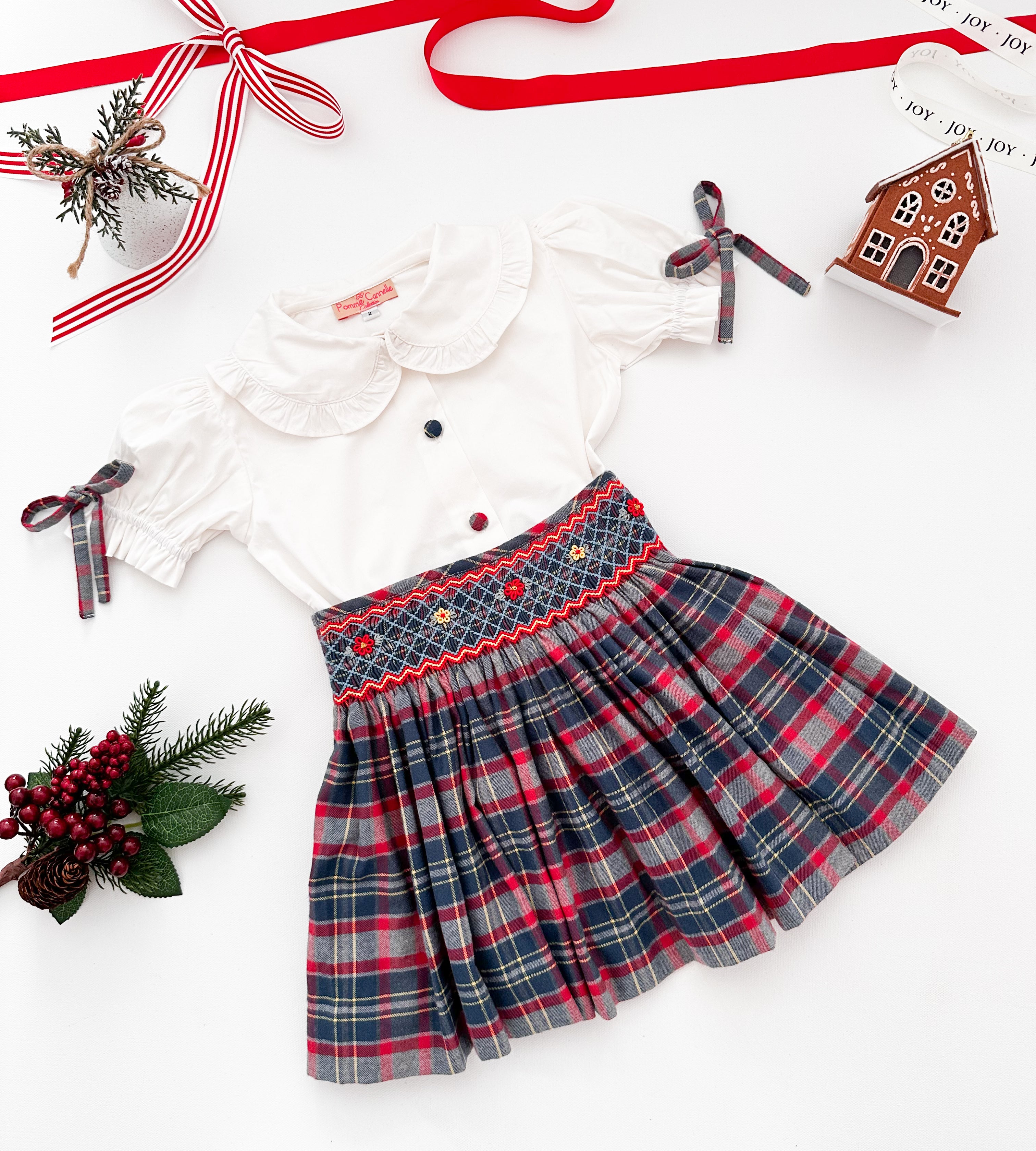 The hand smocked CALISTA set - Tartan Blue red