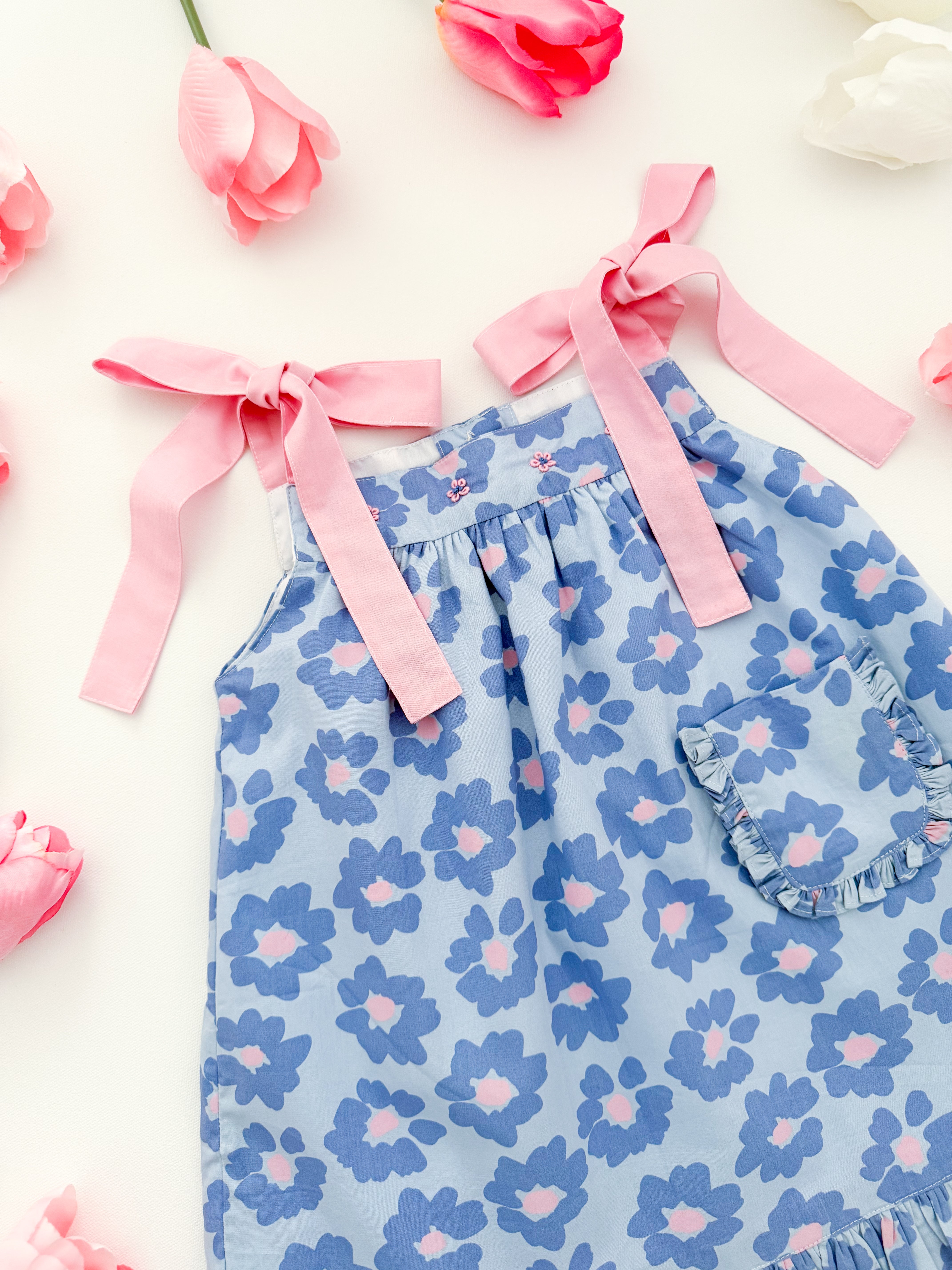 The hand embroidered ORNELLA dress - FLORAL BLUE PINK
