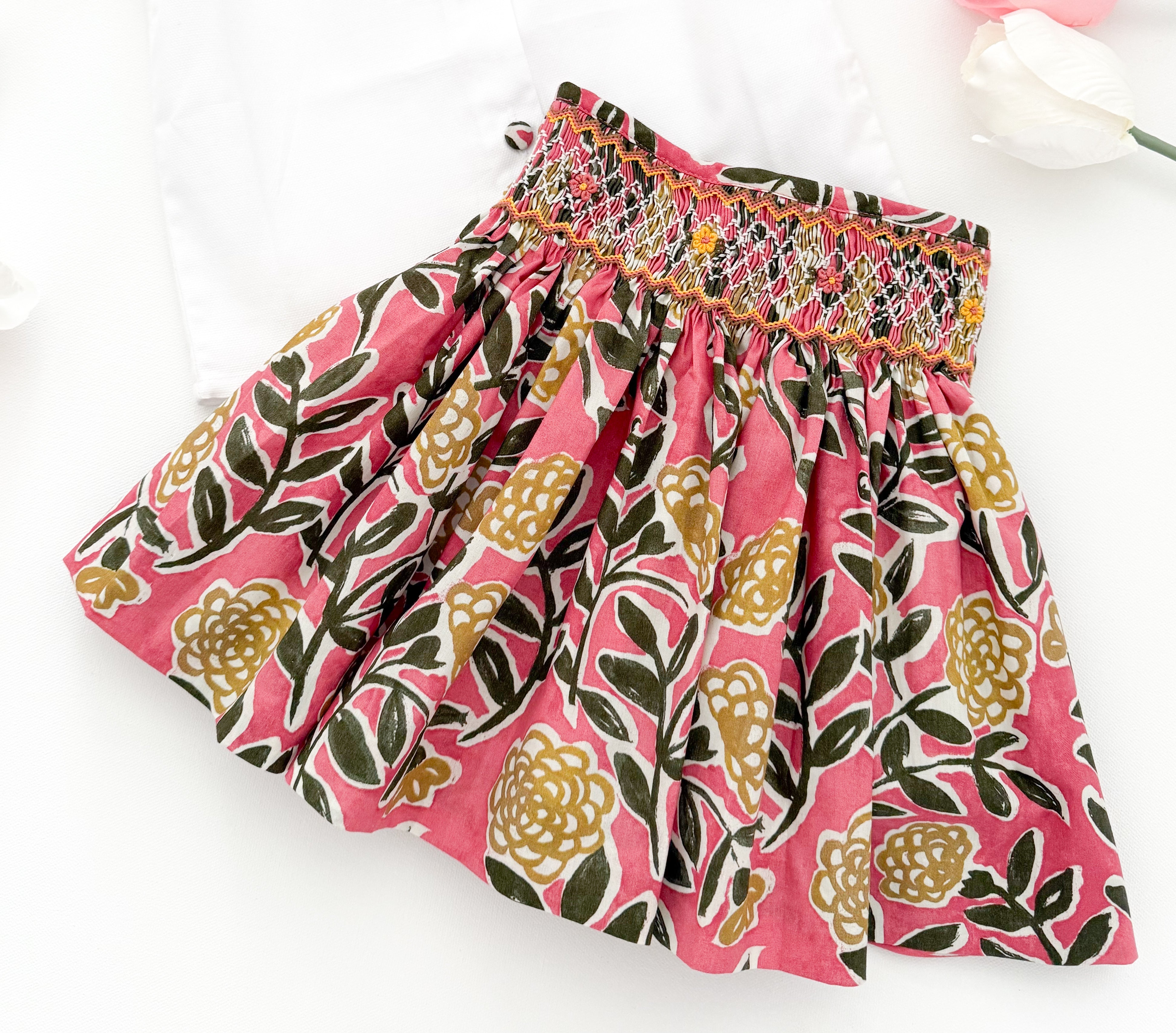 The hand smocked CALISTA set - Floral pink yellow