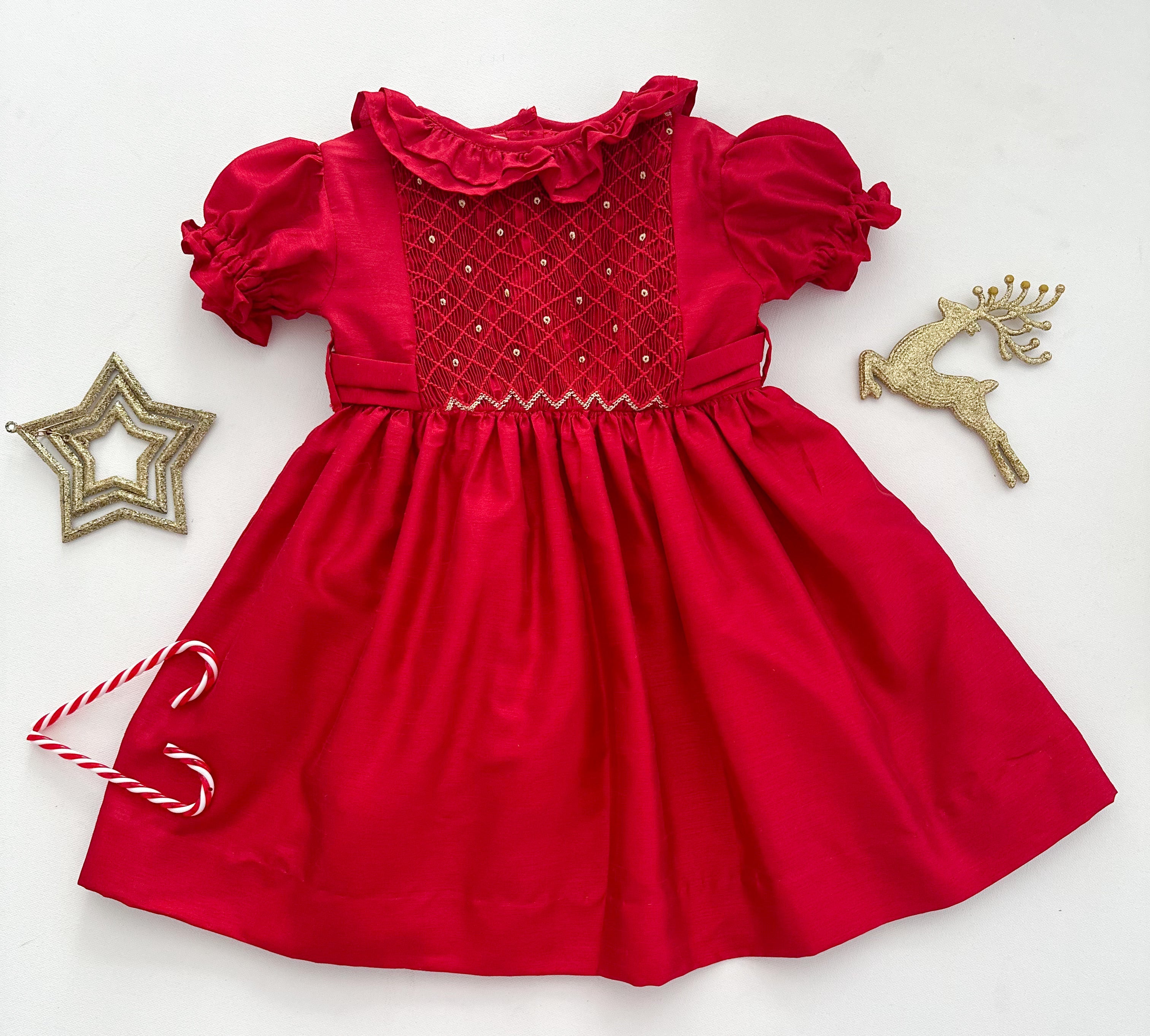 *SECONDS SALE** The hand smocked THERESA dress - Red in 100% SILK (Holidays Edition)