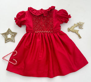 *SECONDS SALE** The hand smocked THERESA dress - Red in 100% SILK (Holidays Edition)