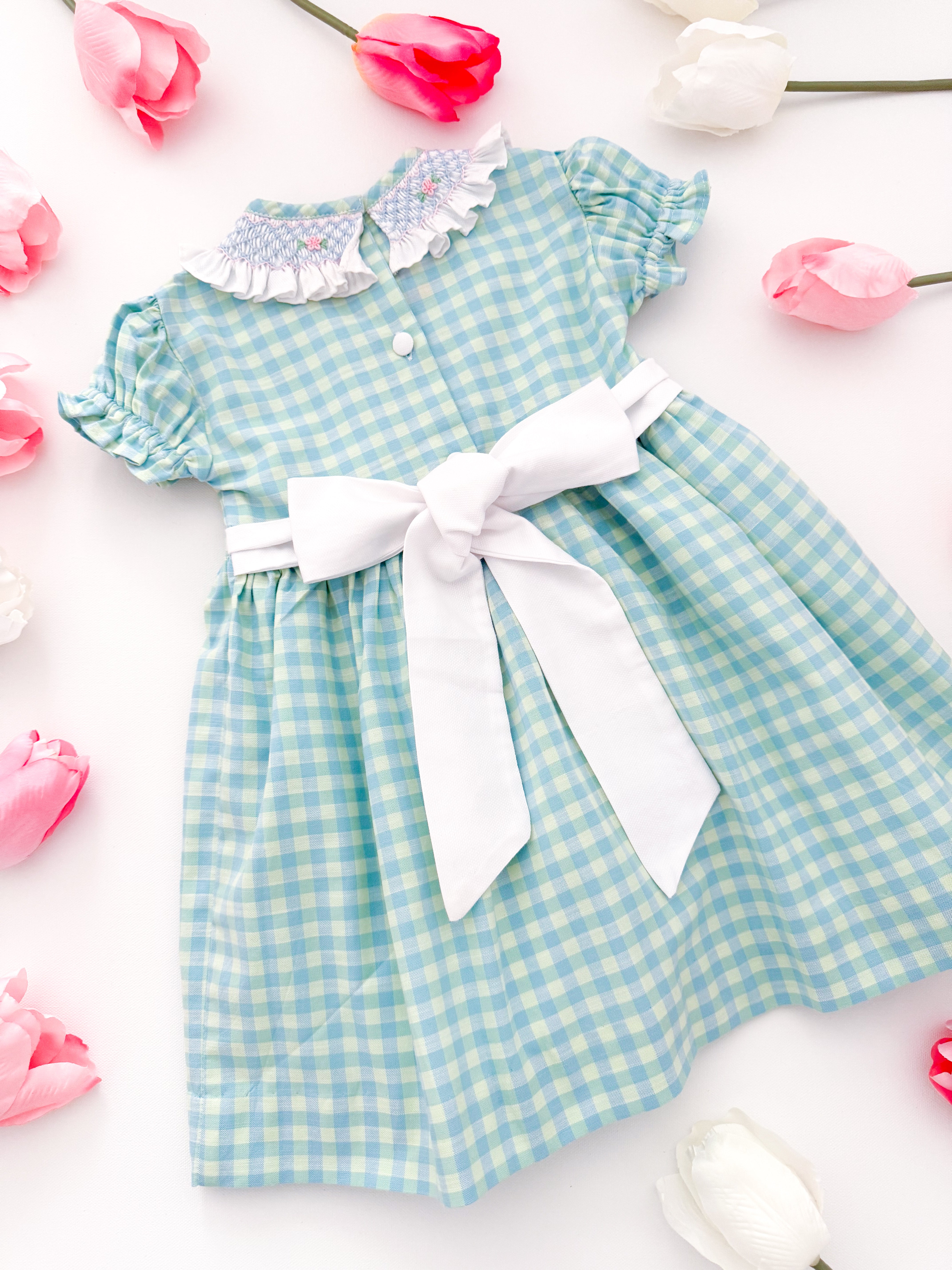 The hand smocked FAUSTINE dress - Vichy blue mint
