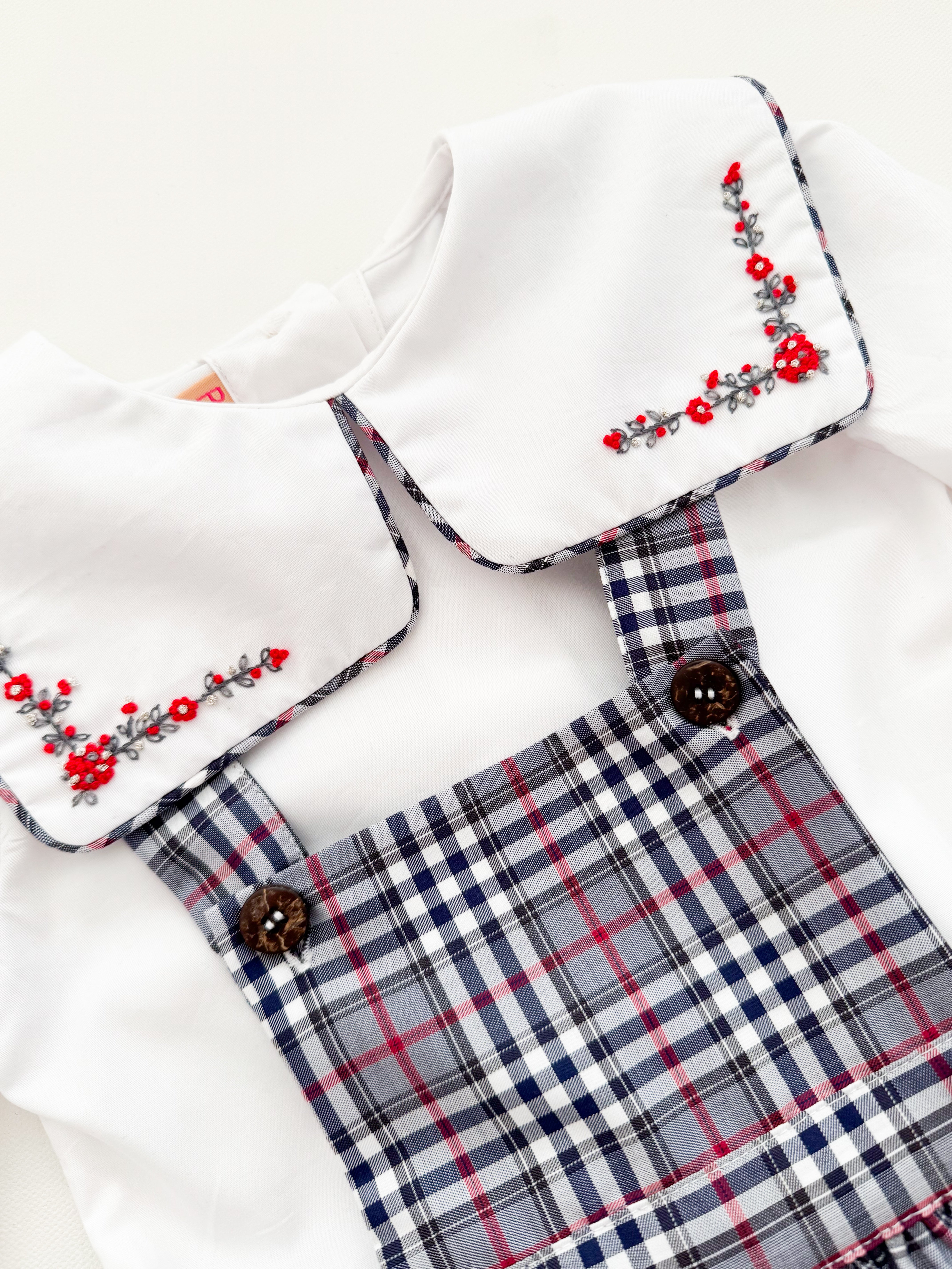 The hand smocked JUSTINE set - Plaid Grey/Red