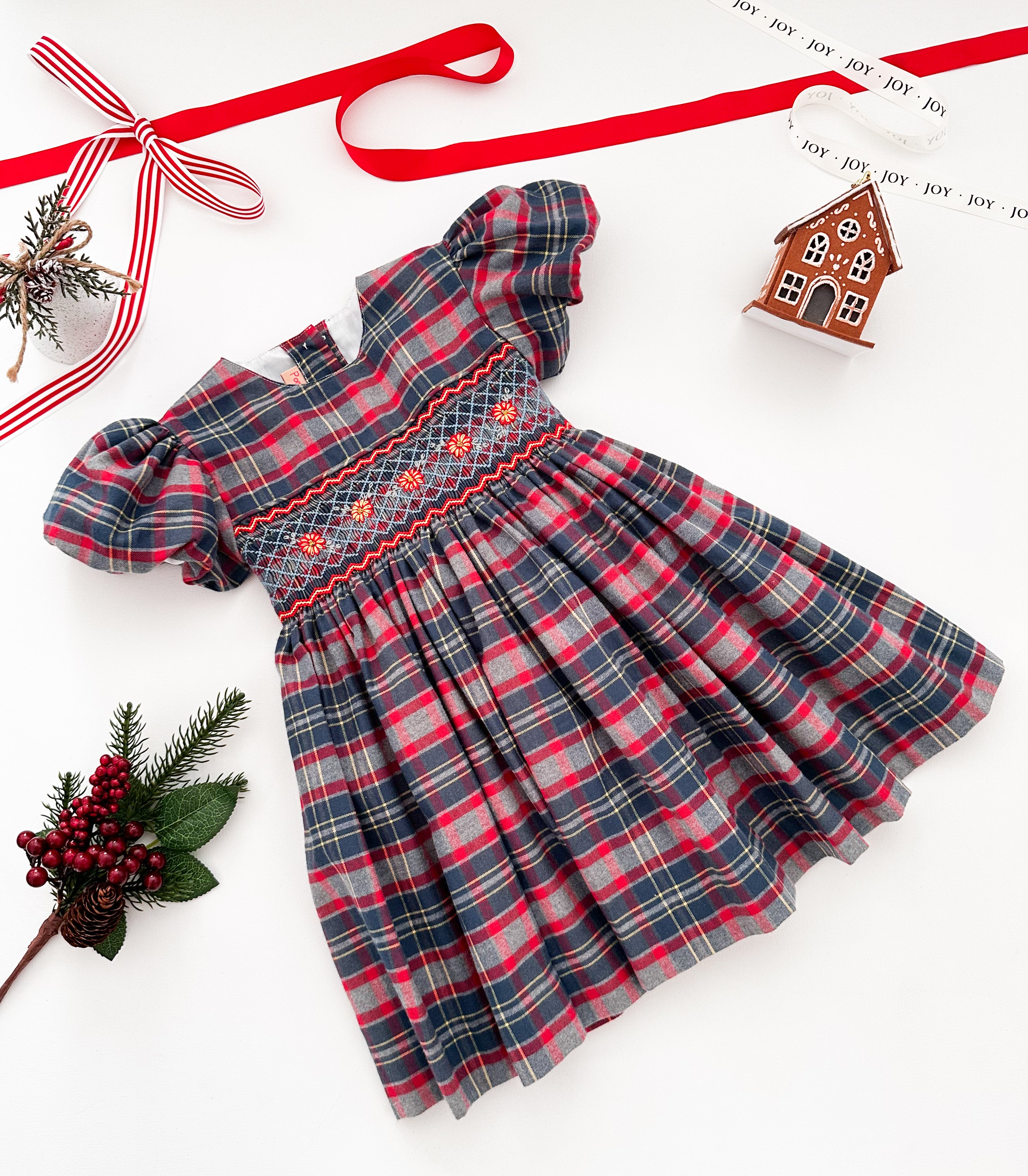 The hand smocked BELLA dress - Tartan blue red