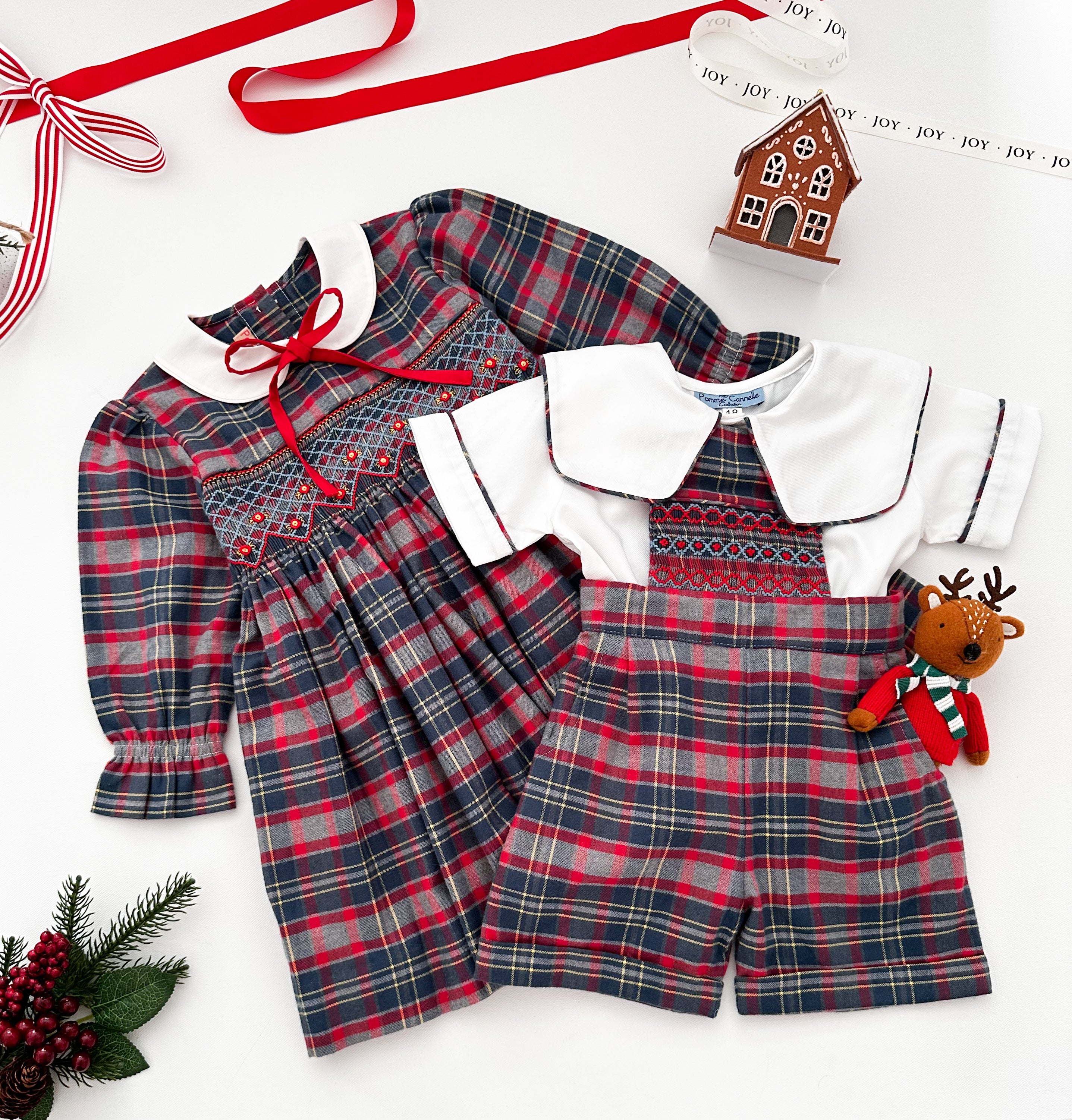 The hand smocked JOSEPH - Tartan blue red