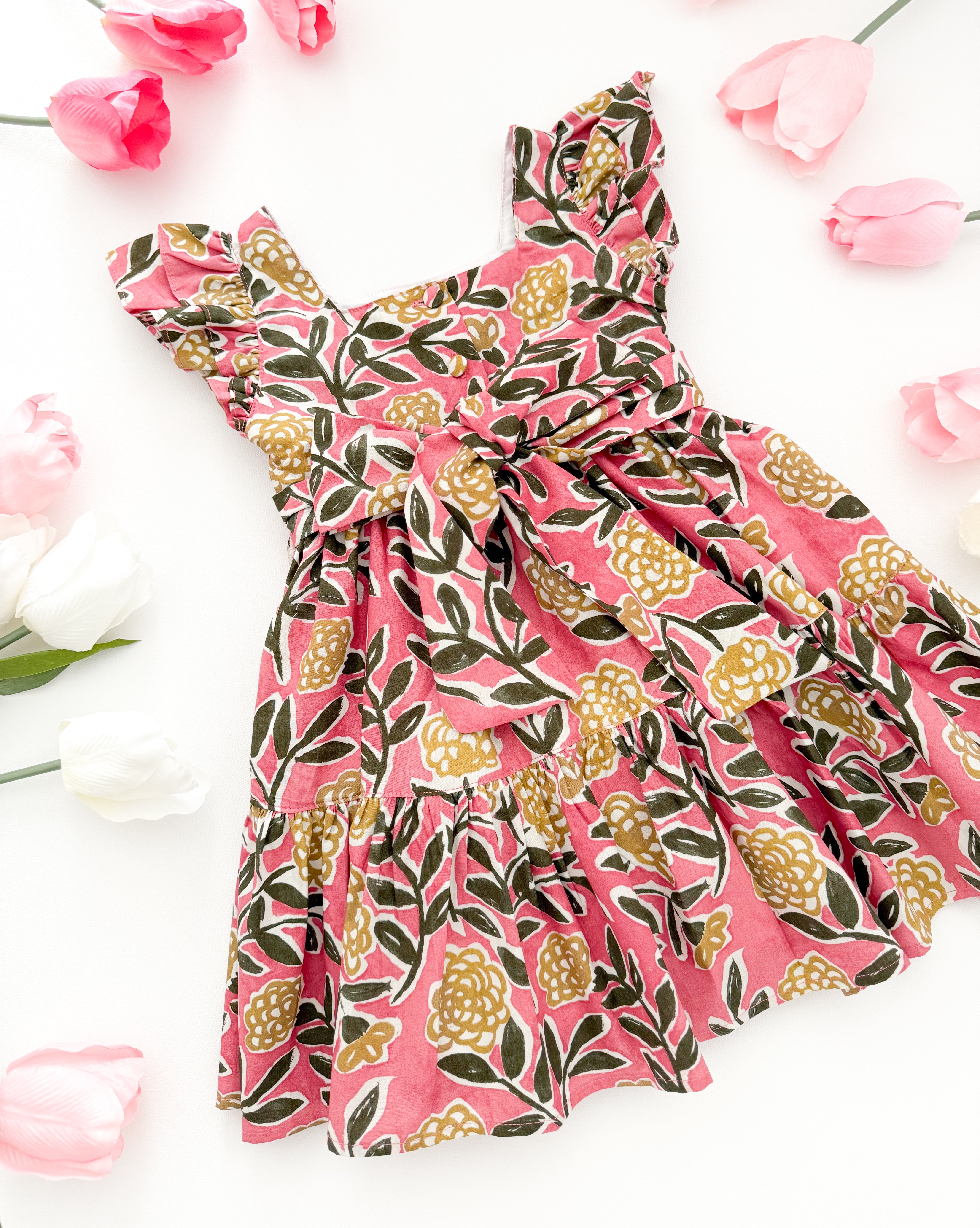 The hand smocked FIONA dress - Floral Pink Yellow
