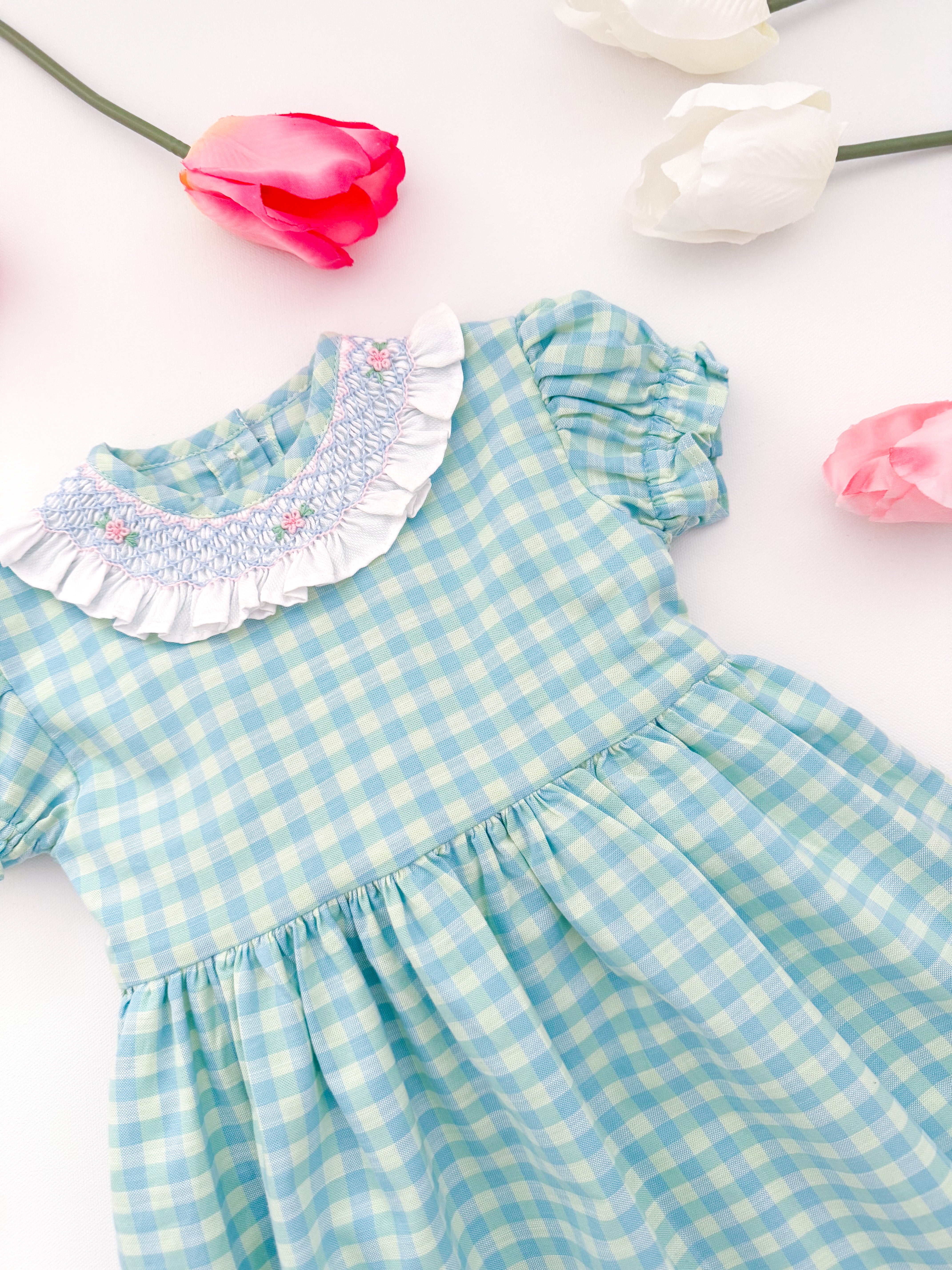 The hand smocked FAUSTINE dress - Vichy blue mint
