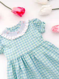The hand smocked FAUSTINE dress - Vichy blue mint