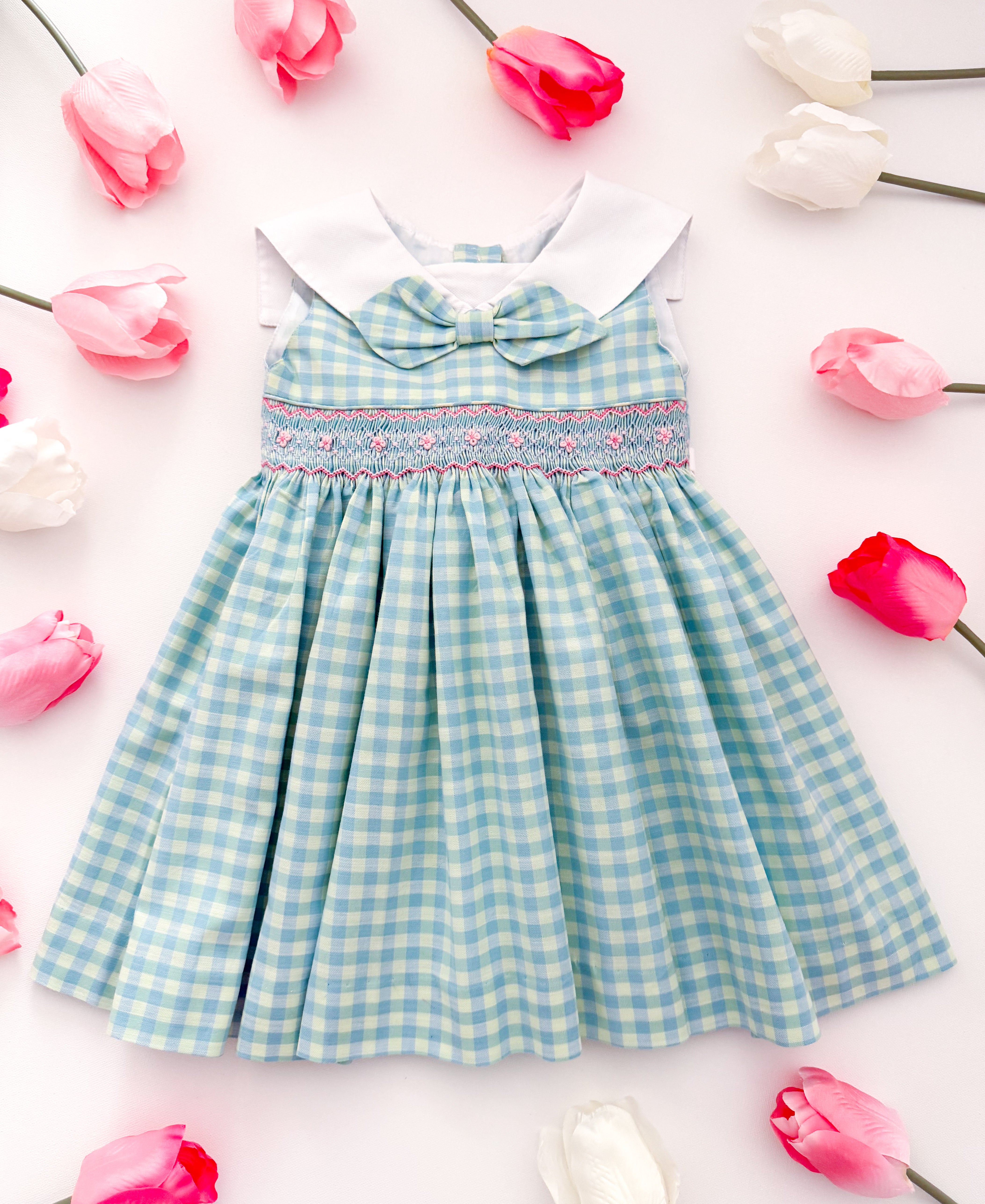 The hand smocked BIANCA dress - Vichy blue mint