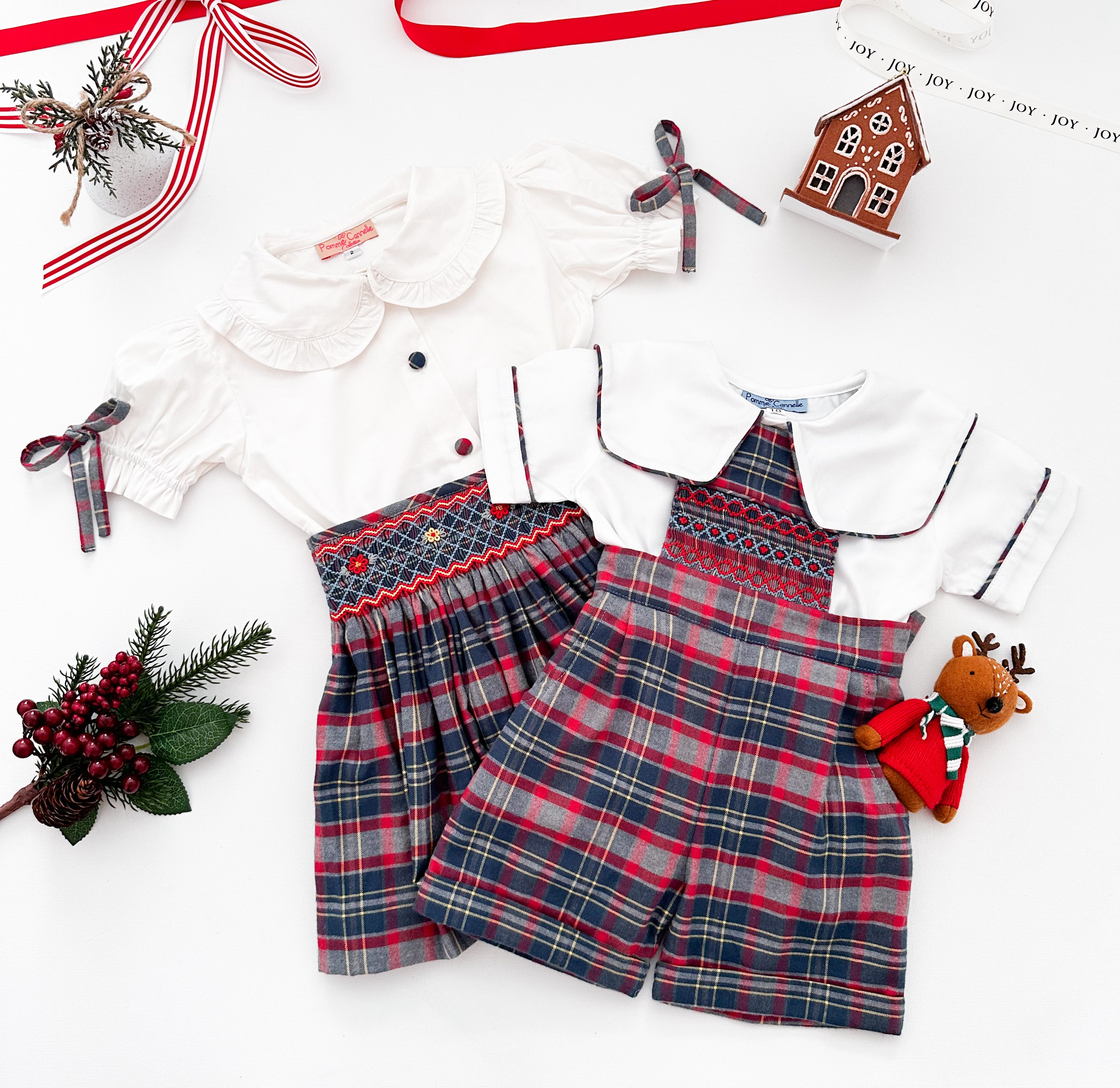 The hand smocked CALISTA set - Tartan Blue red