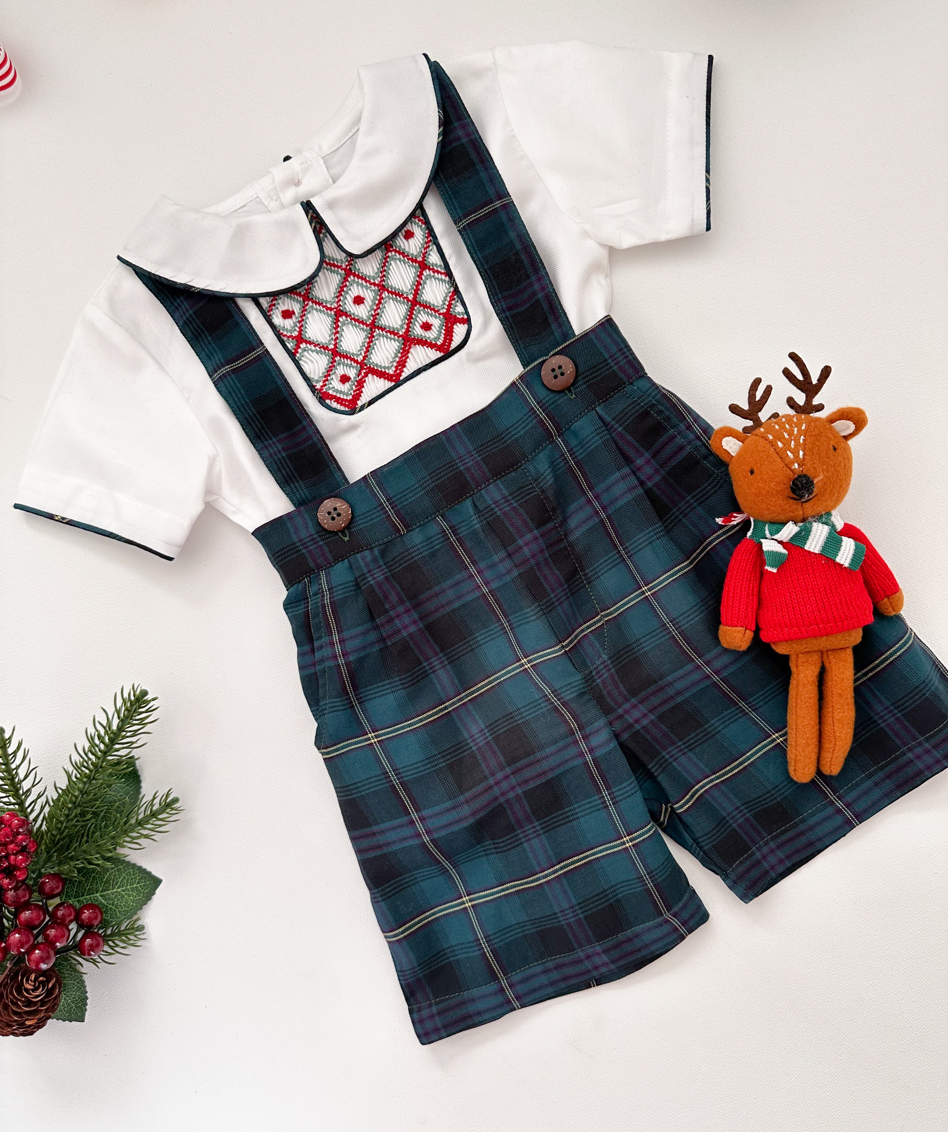 The hand smocked MILAN set - Tartan green
