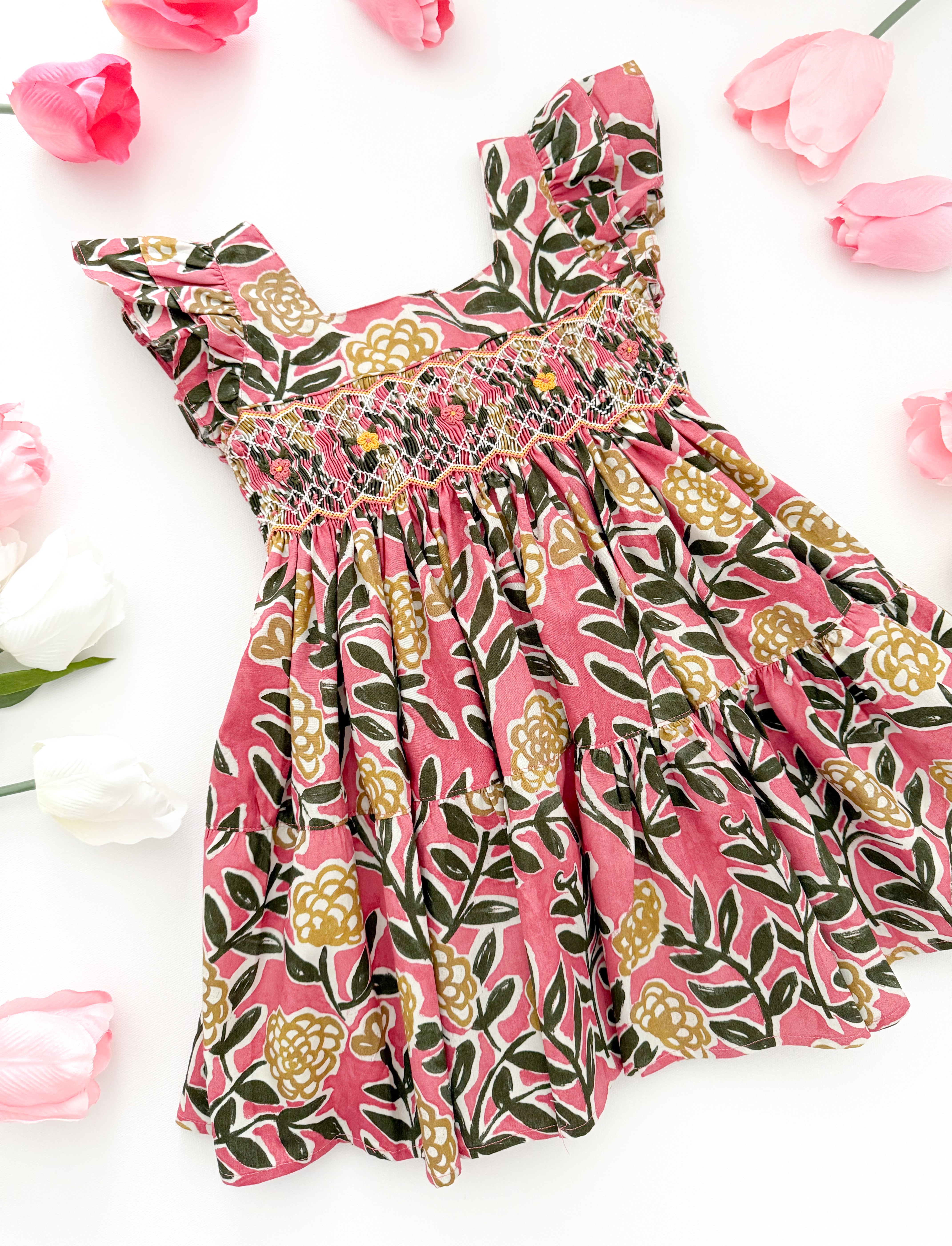 The hand smocked FIONA dress - Floral Pink Yellow