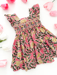 The hand smocked FIONA dress - Floral Pink Yellow