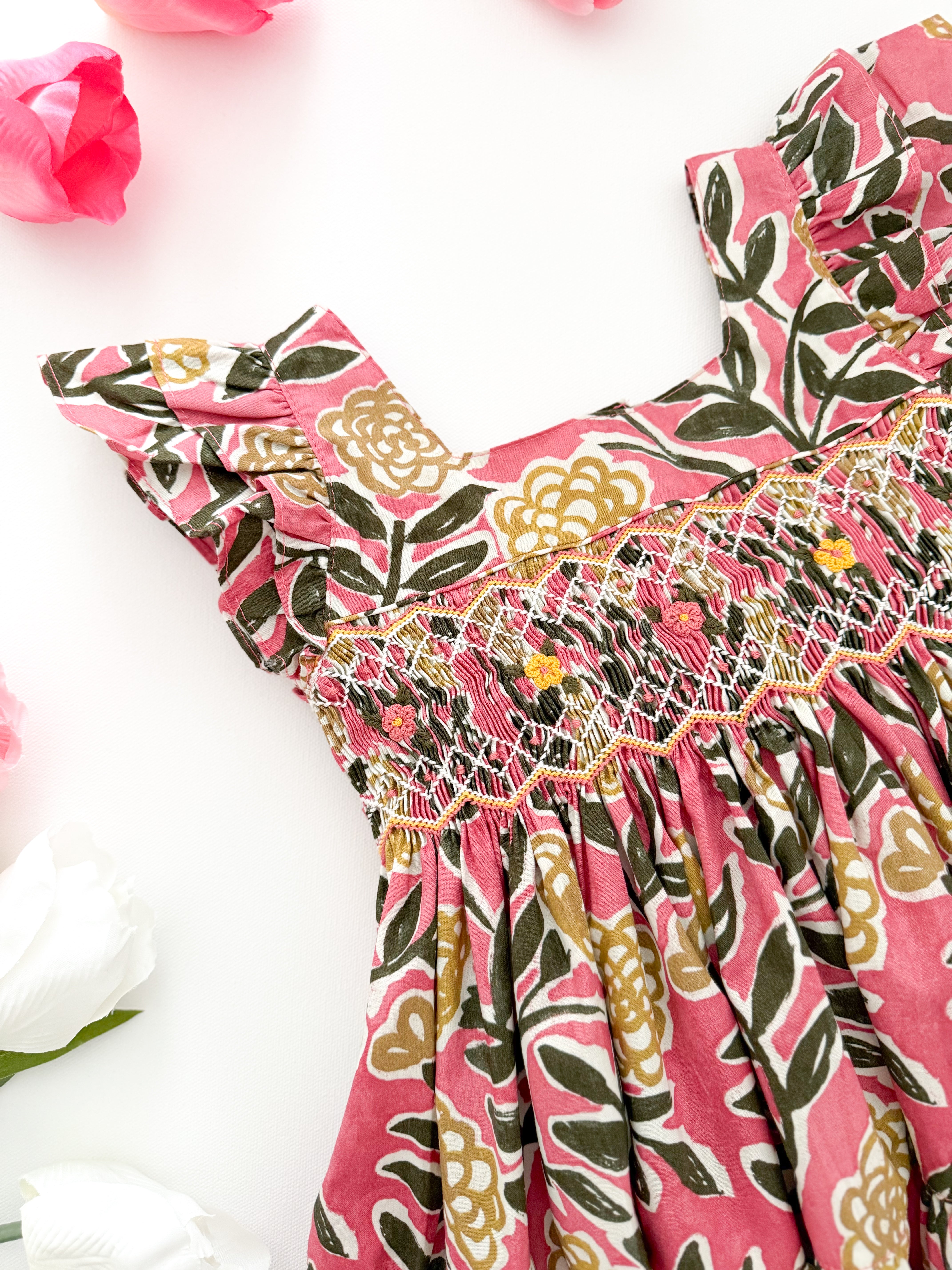 The hand smocked FIONA dress - Floral Pink Yellow