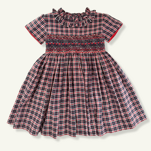 The hand smocked AMANDA dress - Tartan Navy and red