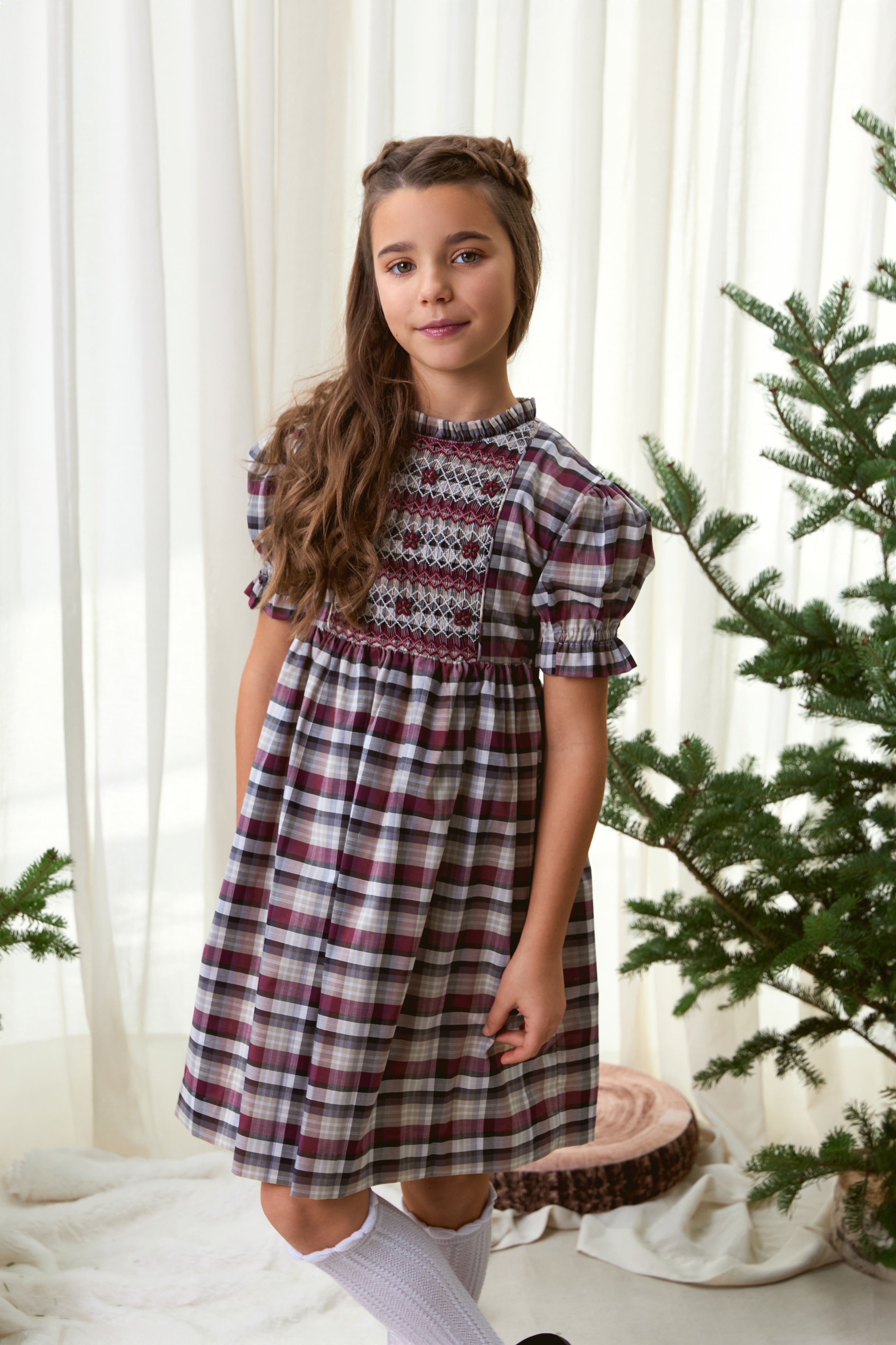 The hand smocked ROMANE dress - Burgundy/Grey