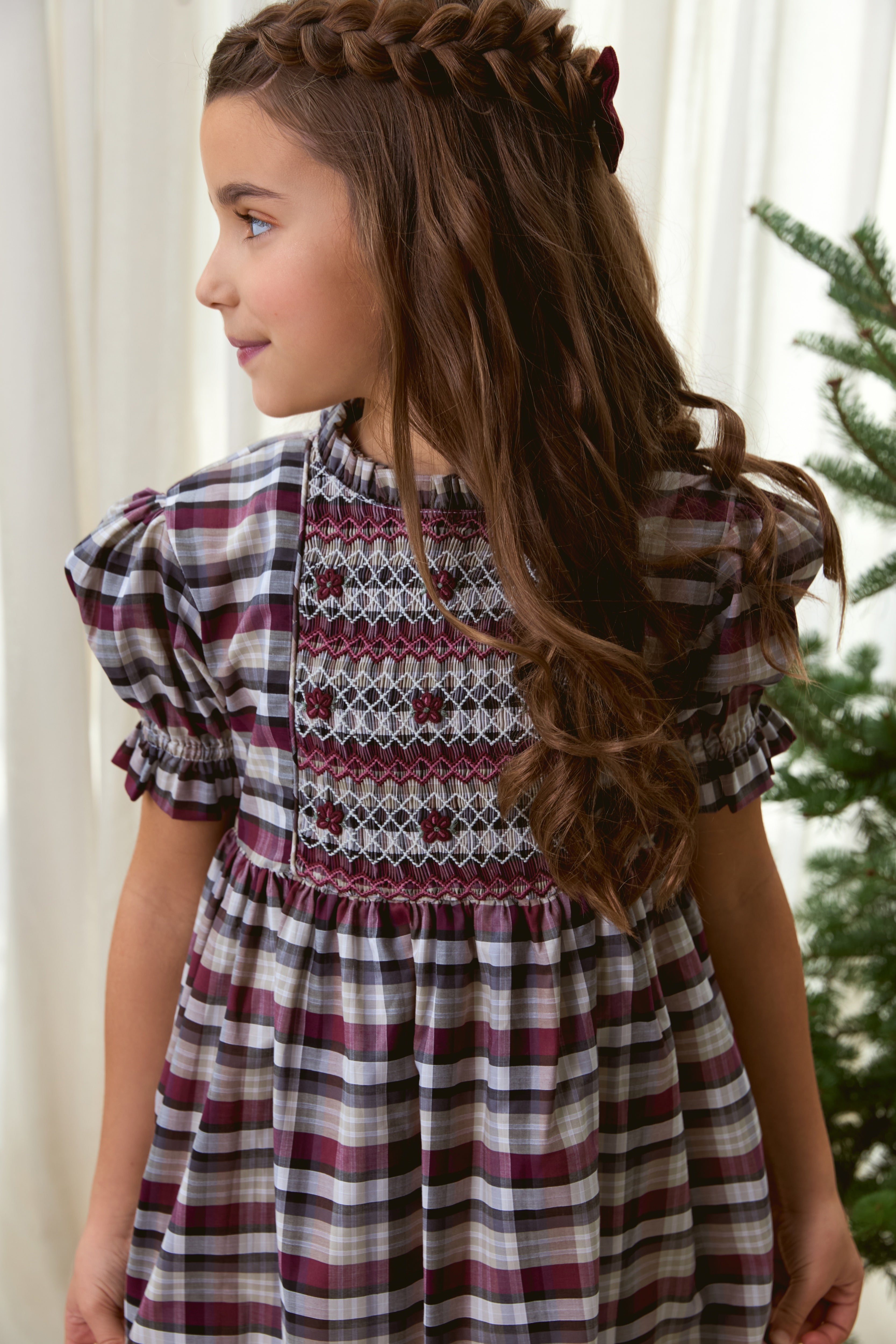 The hand smocked ROMANE dress - Burgundy/Grey