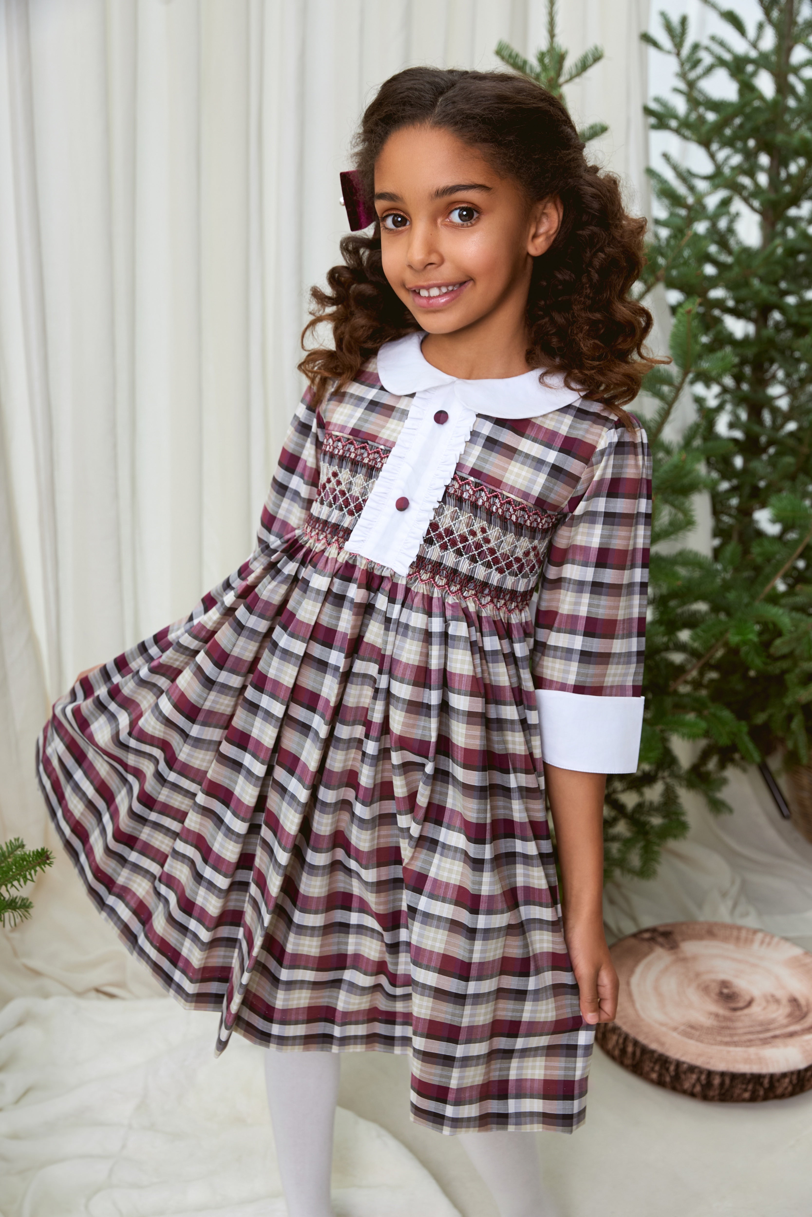 The hand smocked CLAIRE dress - Burgundy/Grey