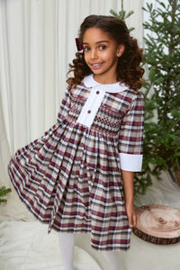 The hand smocked CLAIRE dress - Burgundy/Grey