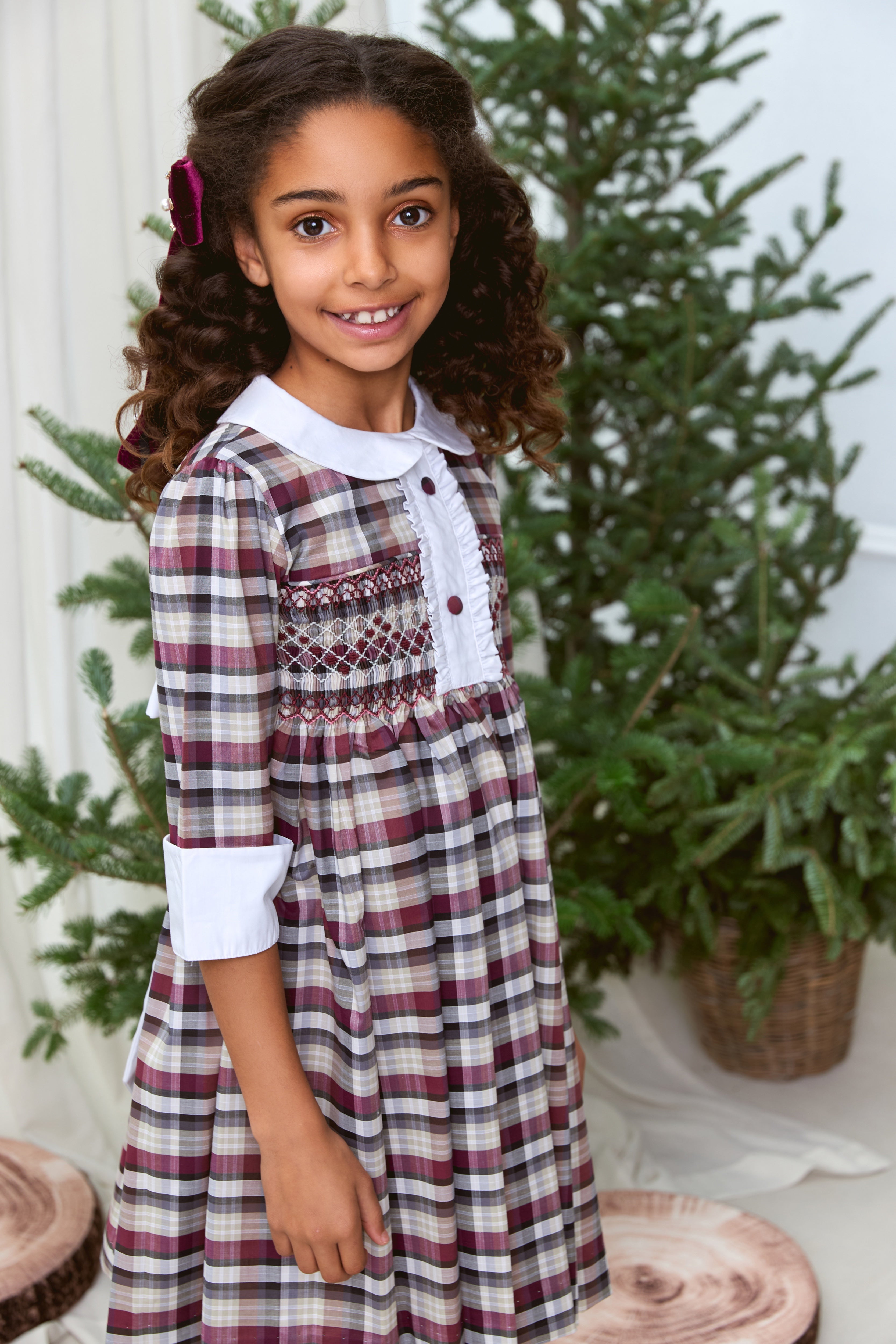 The hand smocked CLAIRE dress - Burgundy/Grey