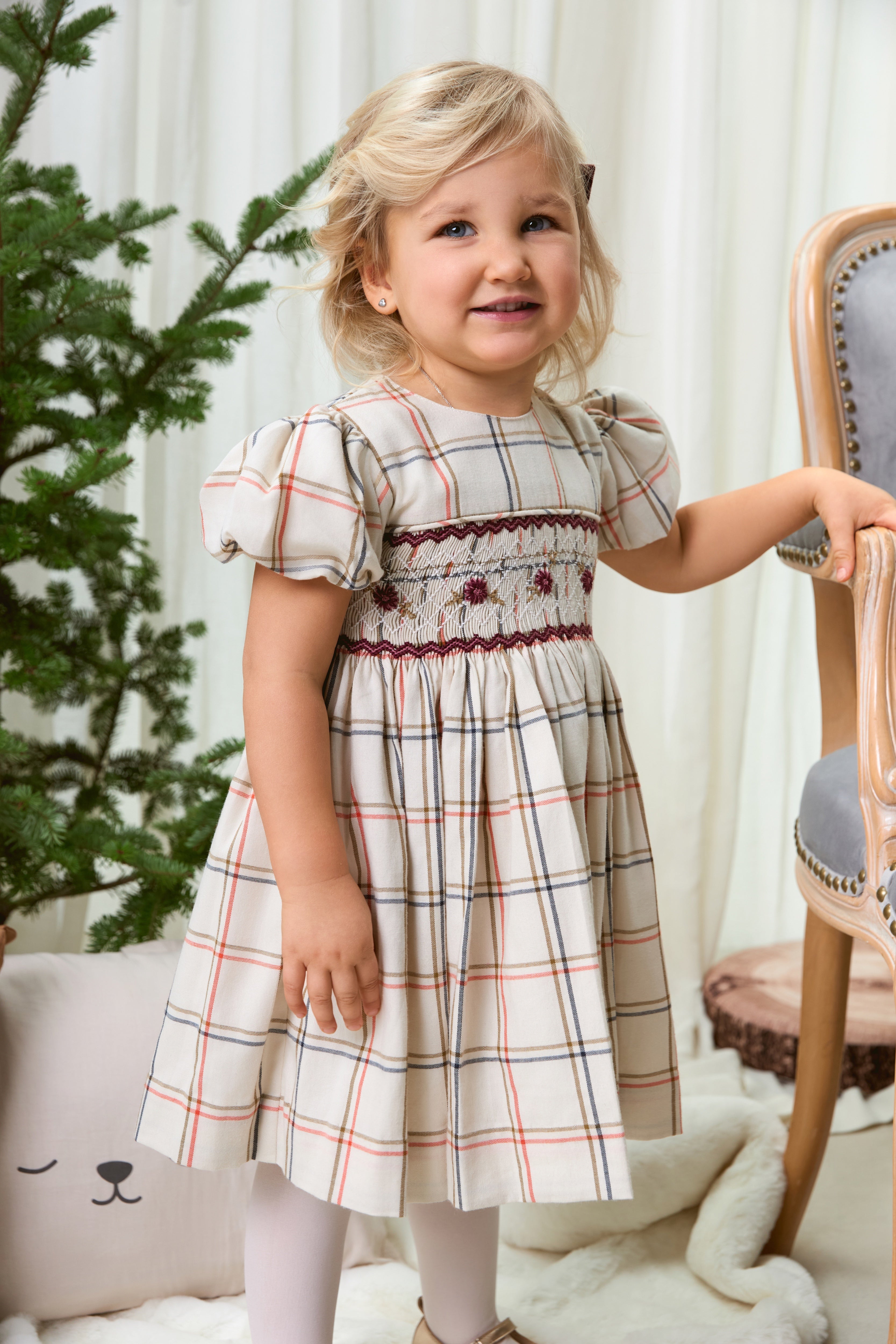 The hand smocked BELLA dress - Ivory/burgundy