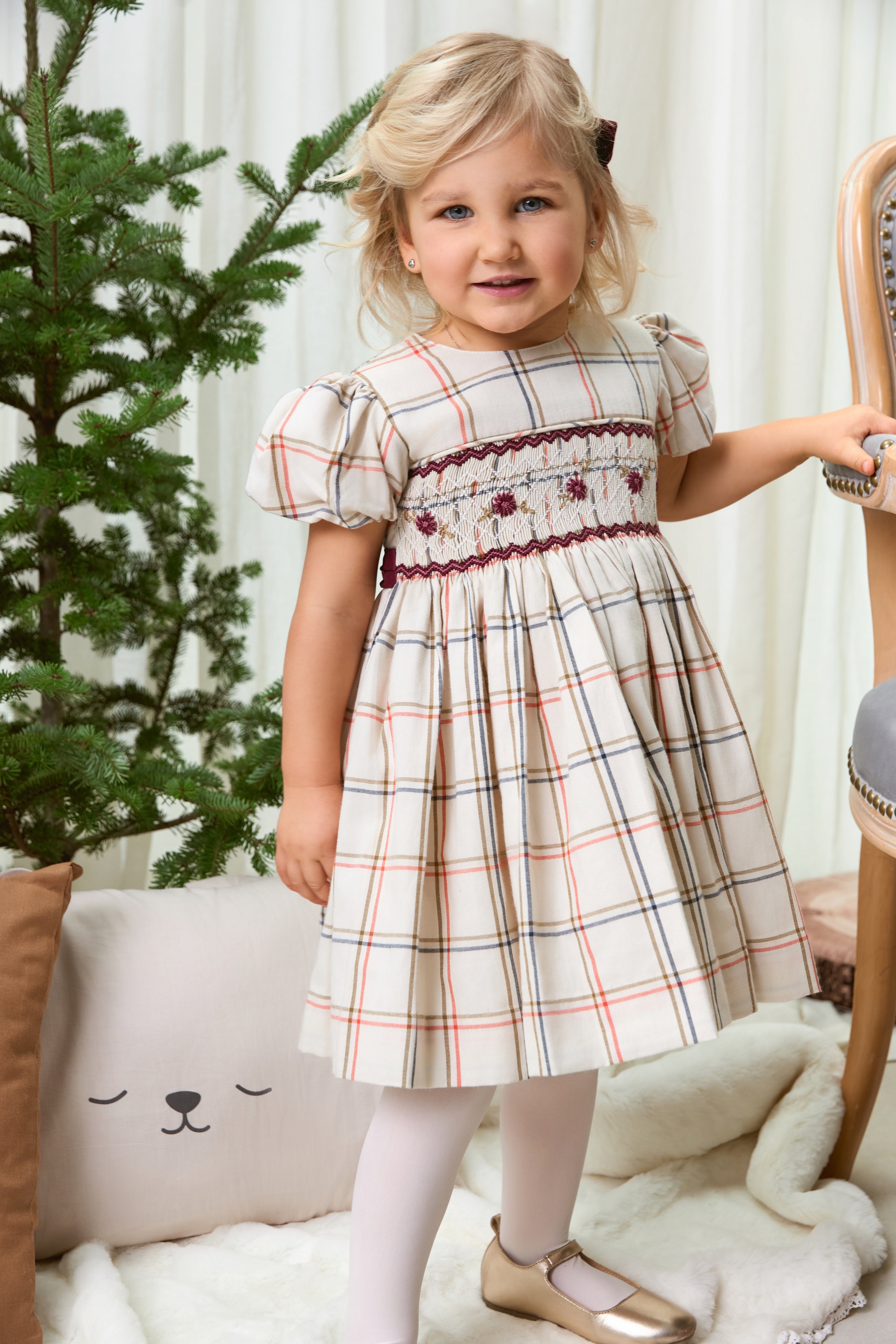 The hand smocked BELLA dress - Ivory/burgundy