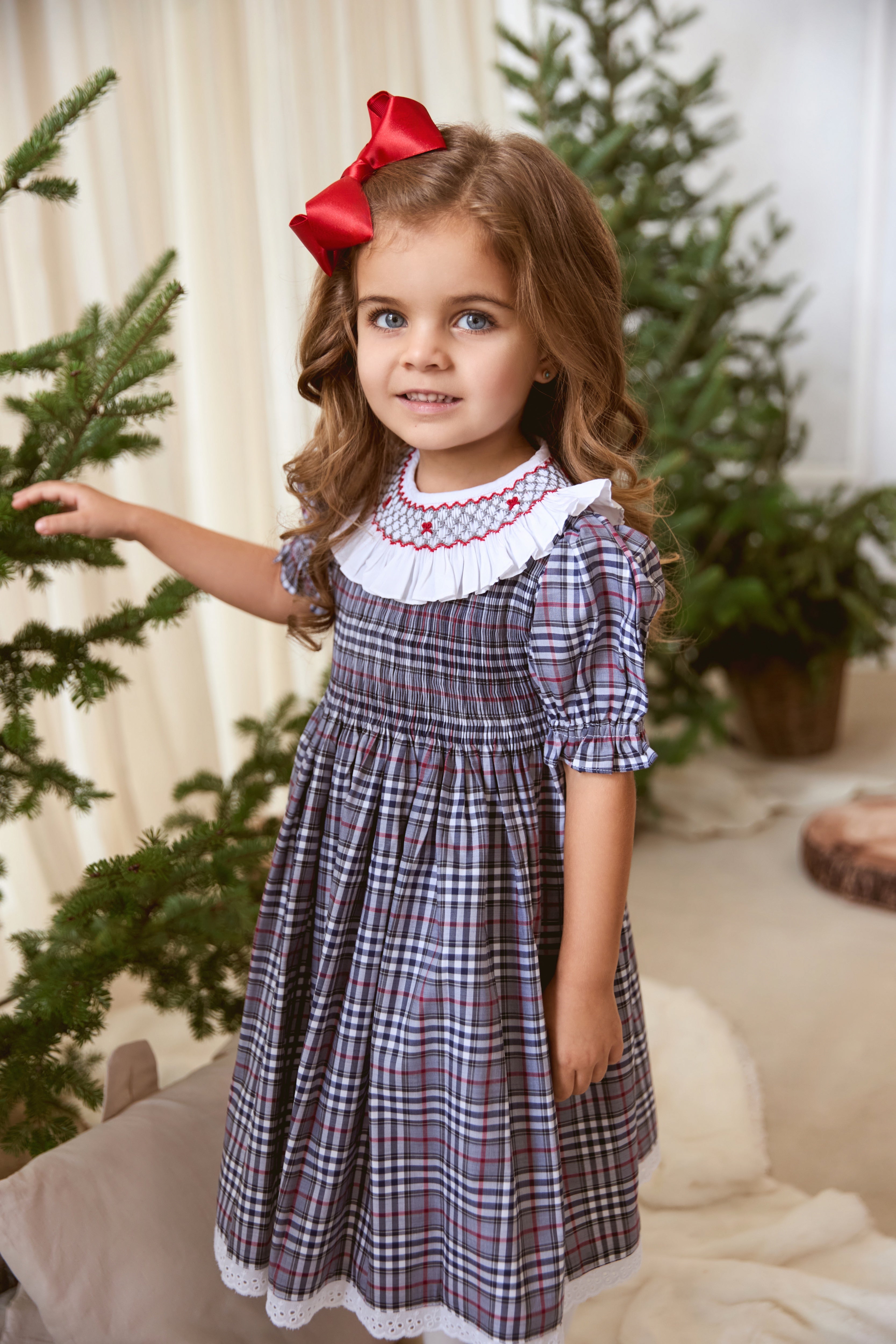 The hand smocked MADELINE dress - Plaid Grey and Red