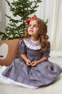 The hand smocked MADELINE dress - Plaid Grey and Red