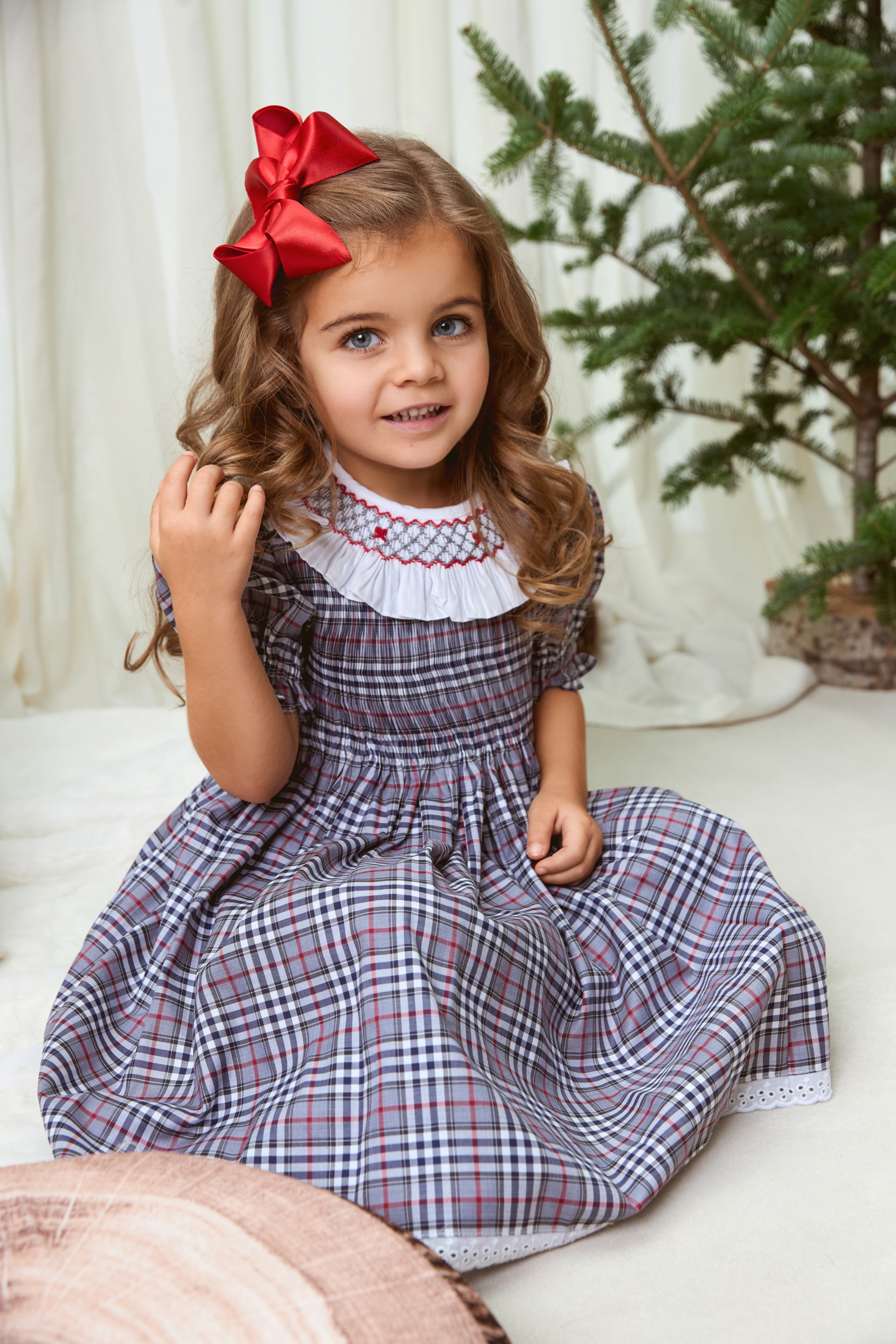 The hand smocked MADELINE dress - Plaid Grey and Red