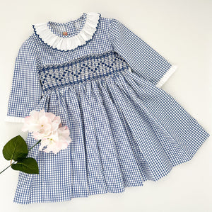 ** SECONDS SALE** The hand embroidered DORIANE dress - Checkered blue