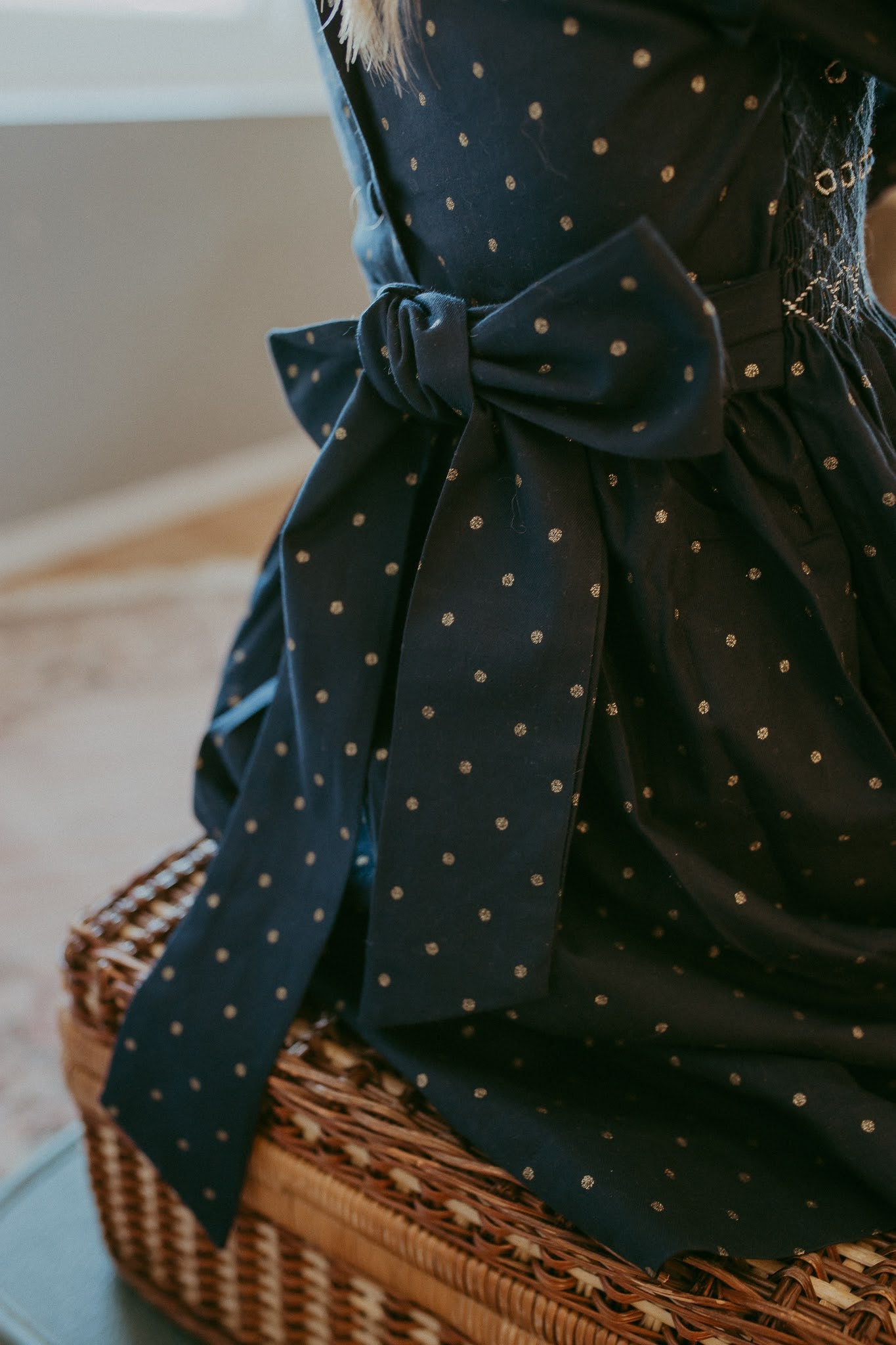 The hand smocked KATE dress - Navy/ gold dots