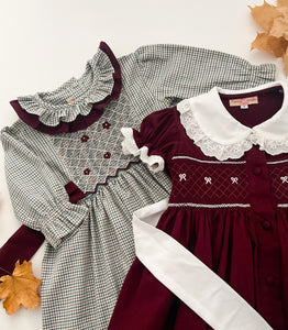 The hand smocked THERESA dress - checked green burgundy