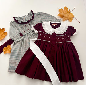 The hand smocked THERESA dress - checked green burgundy