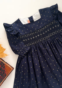 The hand smocked KATE dress - Navy/ gold dots