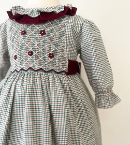 The hand smocked THERESA dress - checked green burgundy