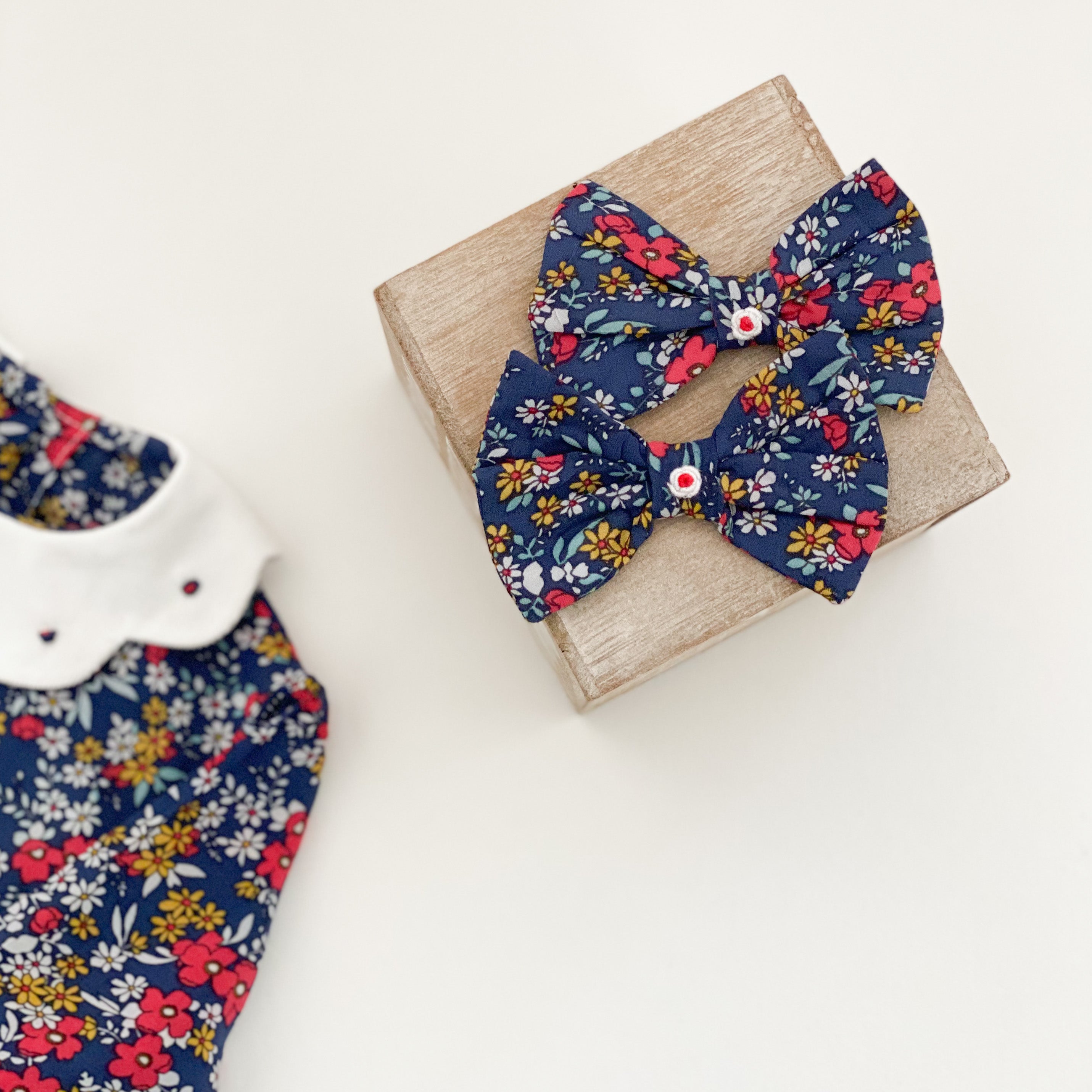 Hand embroidered Hair Bows (2) - ELISA FLORAL BLUE