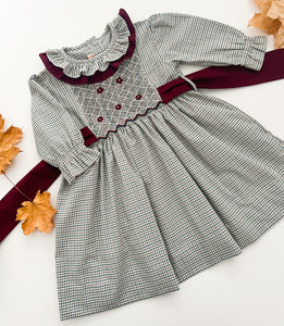 The hand smocked THERESA dress - checked green burgundy