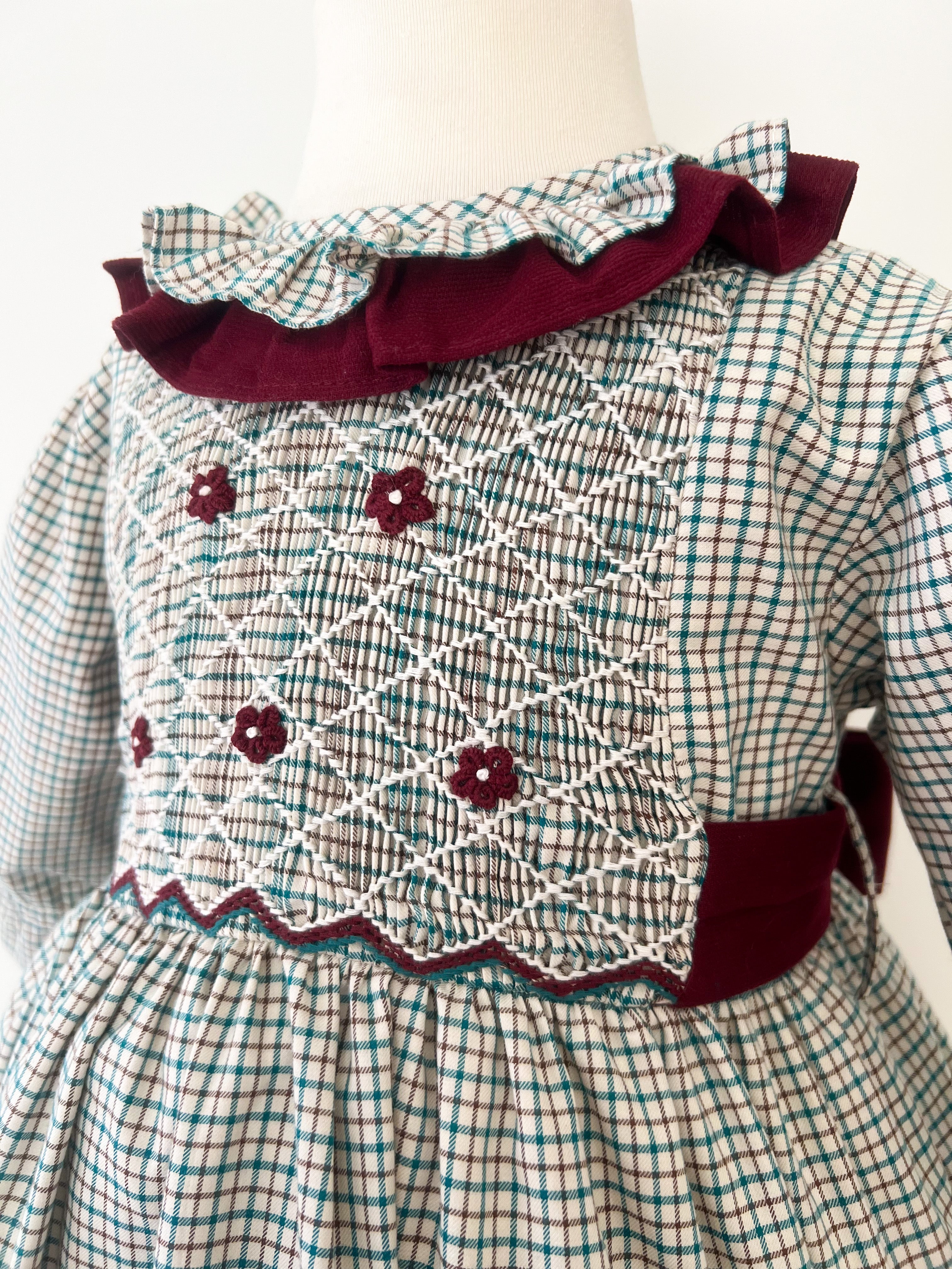 The hand smocked THERESA dress - checked green burgundy