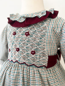 The hand smocked THERESA dress - checked green burgundy